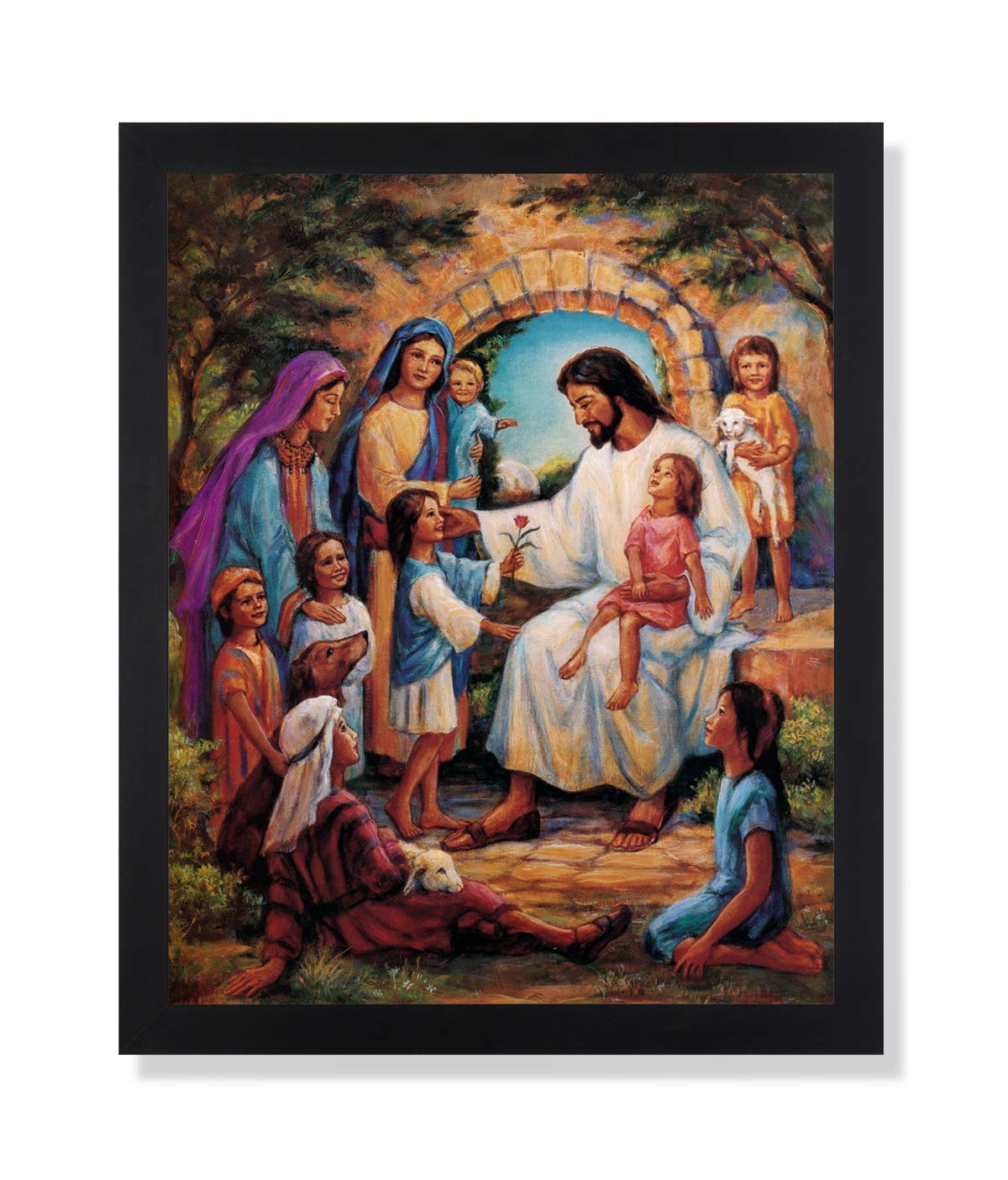 Jesus Christ With Children Religious Art Print 16X20 Black Frame & Glass For Kids