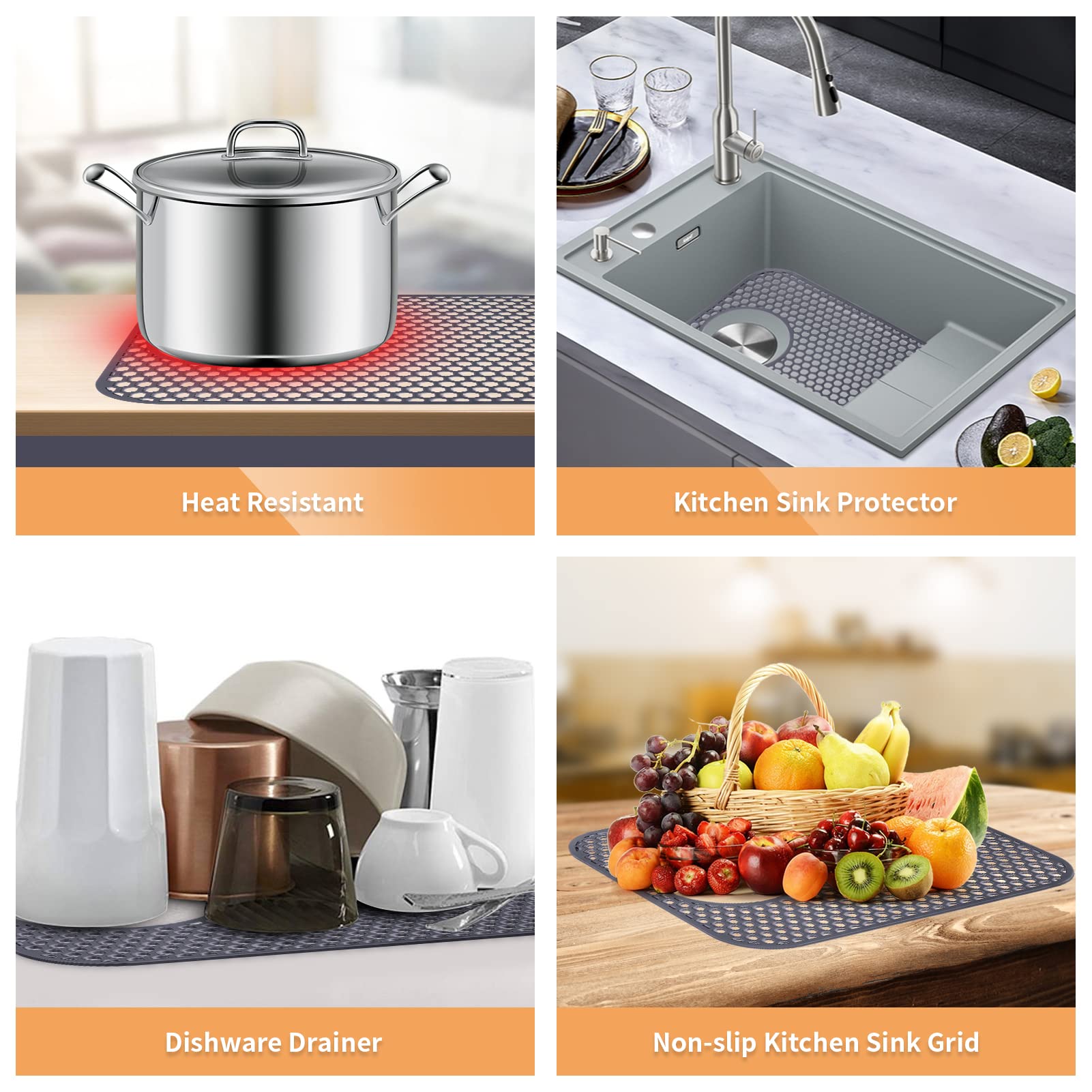 Longfite Sink Protector Mats 2 Pcs Silicone Kitchen Sink Mat Draining Heat Proof Mat With Rear Center Drain (Rear Drain)