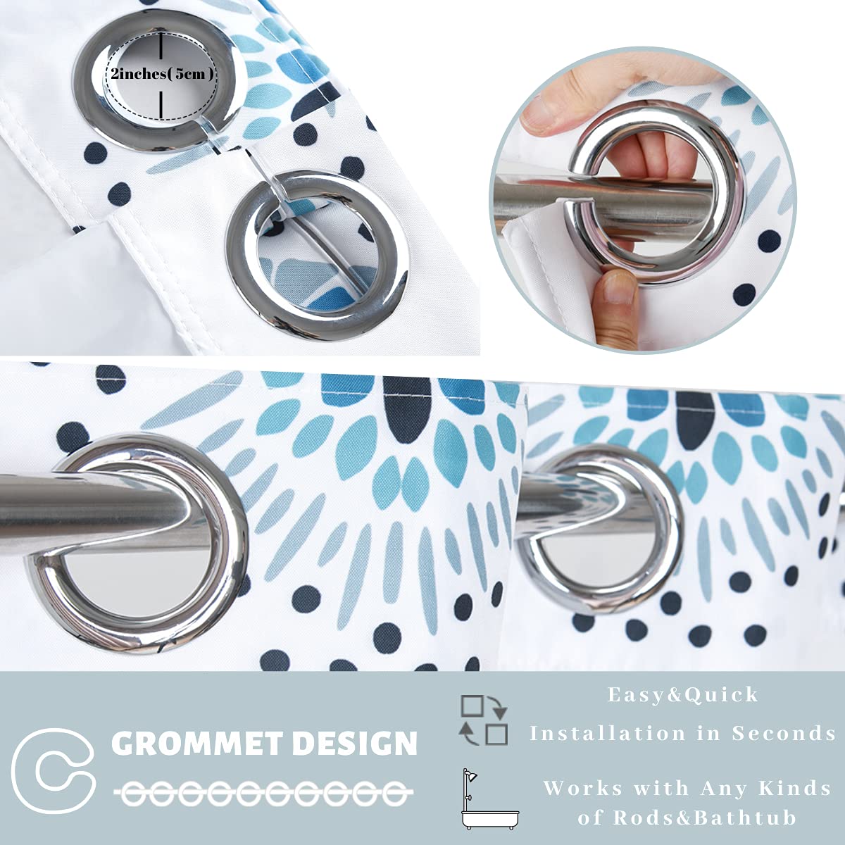 Ecoehoe 71'' W X74 H Hotel Grade Fabric Hook Free Shower Curtain With Replacement Magnets Liner White&Blue Boho Style -100% Wate