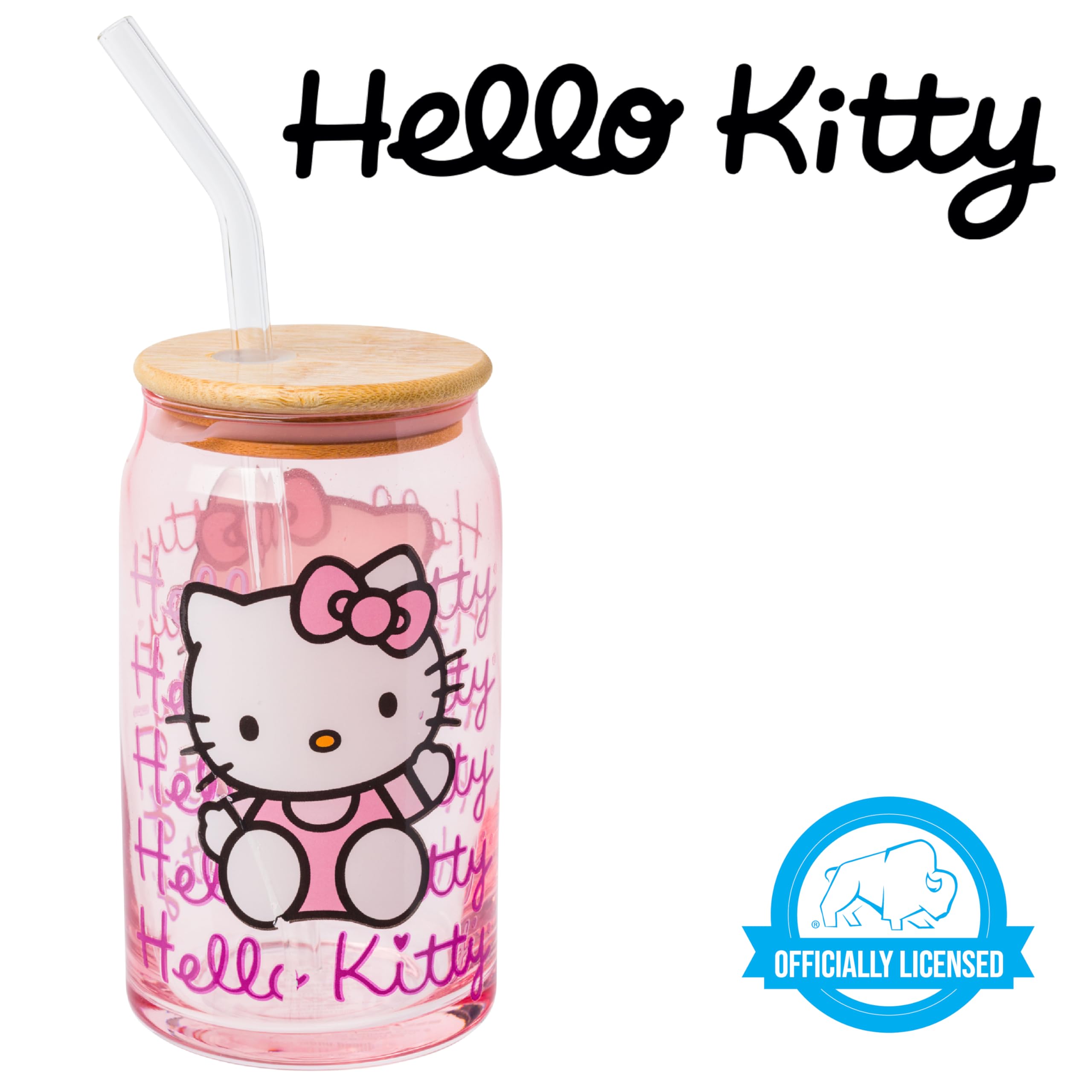 Silver Buffalo Sanrio Hello Kitty Glass Tumbler With Bamboo Lid And Glass Straw, 16 Ounces