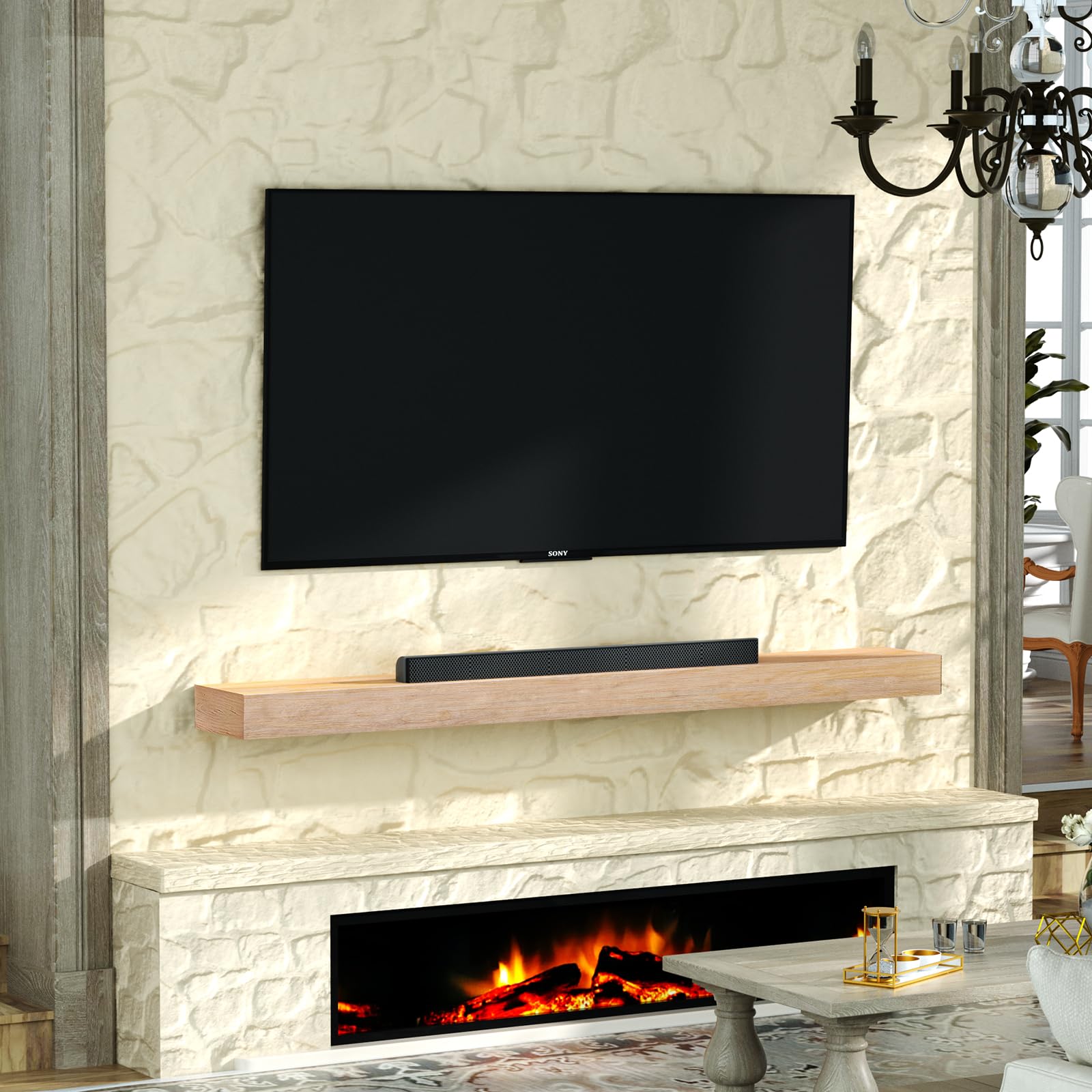Roomtec Fireplace Mantel,72'' Wood Floating Fireplace Shelves,Wall Mounted Wooden Display Shelving,Handcrafted Wood Brack,Natura