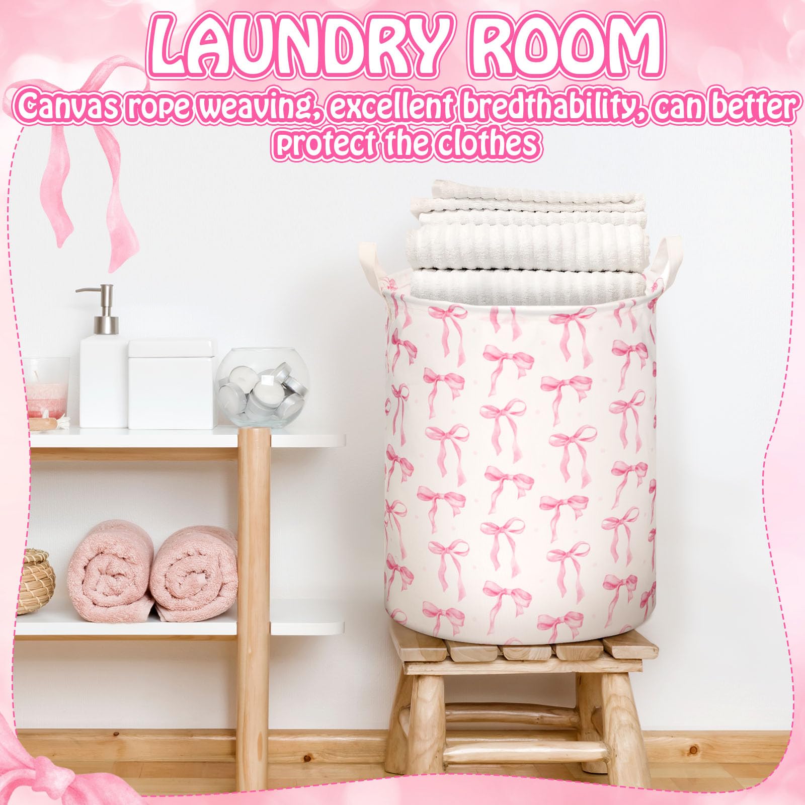 Croblissful 2 Pcs Coquette Bow Laundry Basket Coquette Storage Basket For Girls Nursery Hamper With Handles Foldable Waterproof