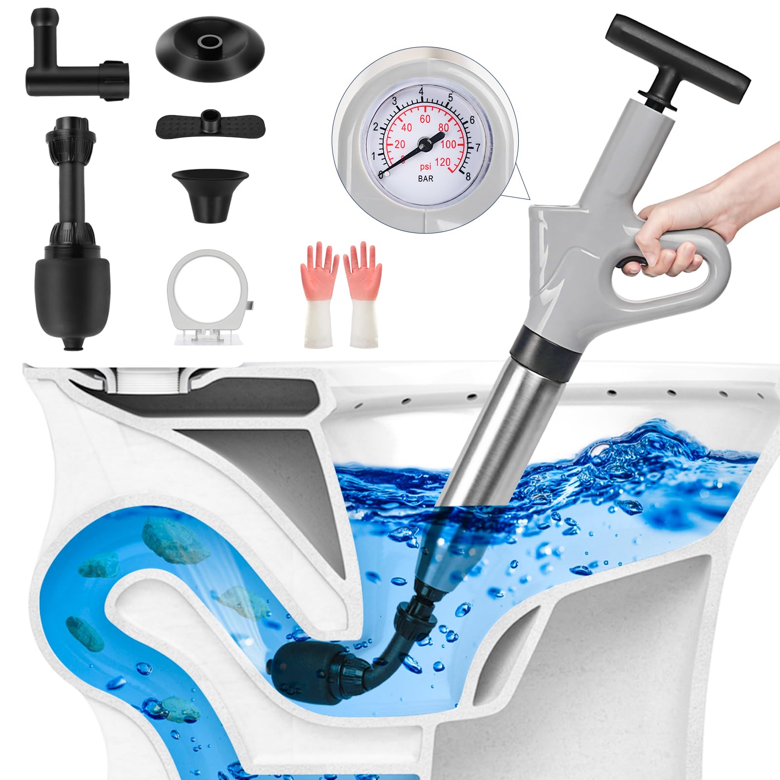 Clonivent Air Plunger Toilet High Pressure Toilet Plunger Clog Remover With Real-Time Power Plunger With Visual Barometer Stainl