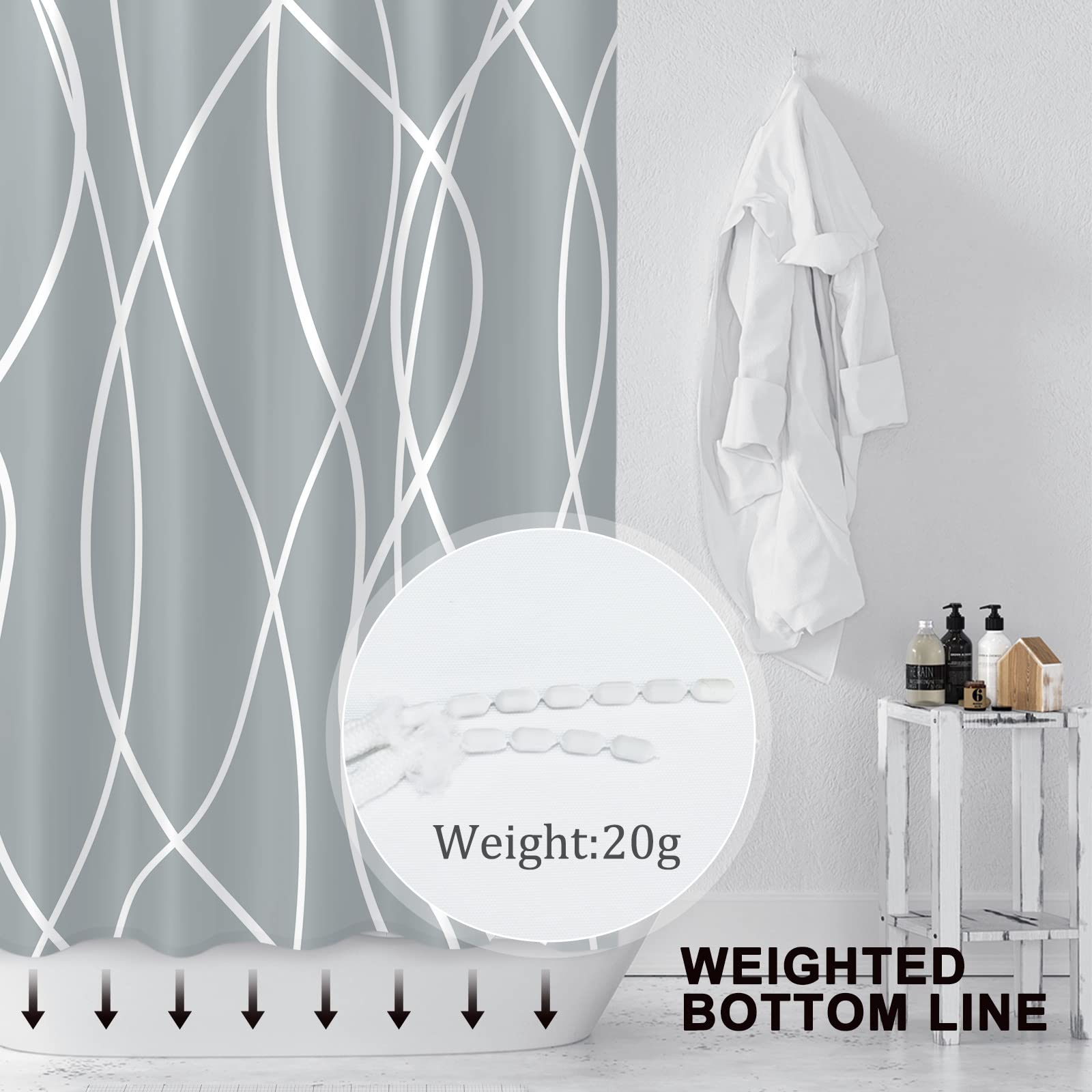 Punkray Light Grey Shower Curtain For Bathroom With Hooks,Shower Curtain Set Stripe Bath Curtains Decorative White Shower Curtai