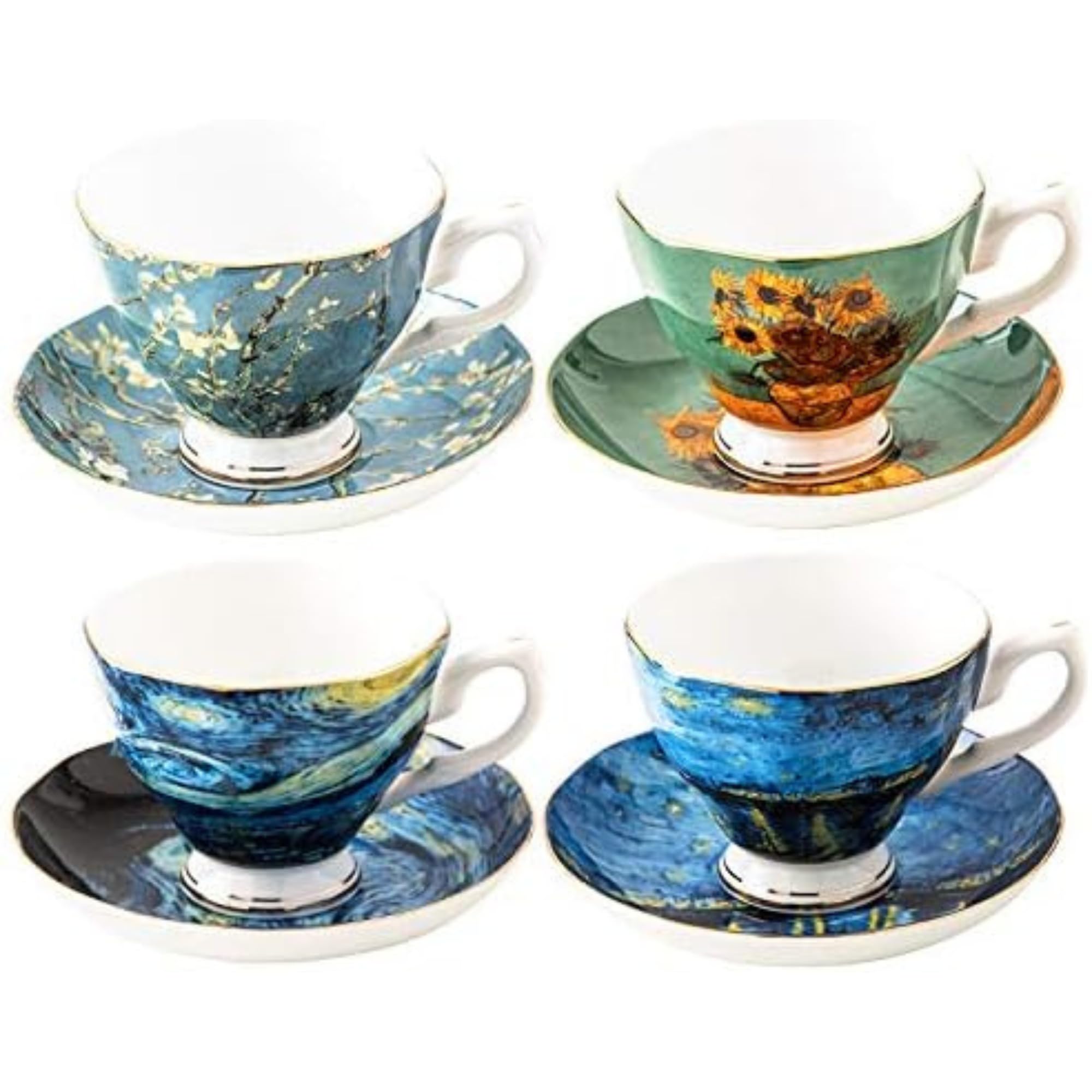Van Gogh Tea Set, 4 Bone China Mugs, 8oz, GoldLined Handles, Elegant Mug Set, Perfect for Gifting, Great for Tea Lovers, Stylis
