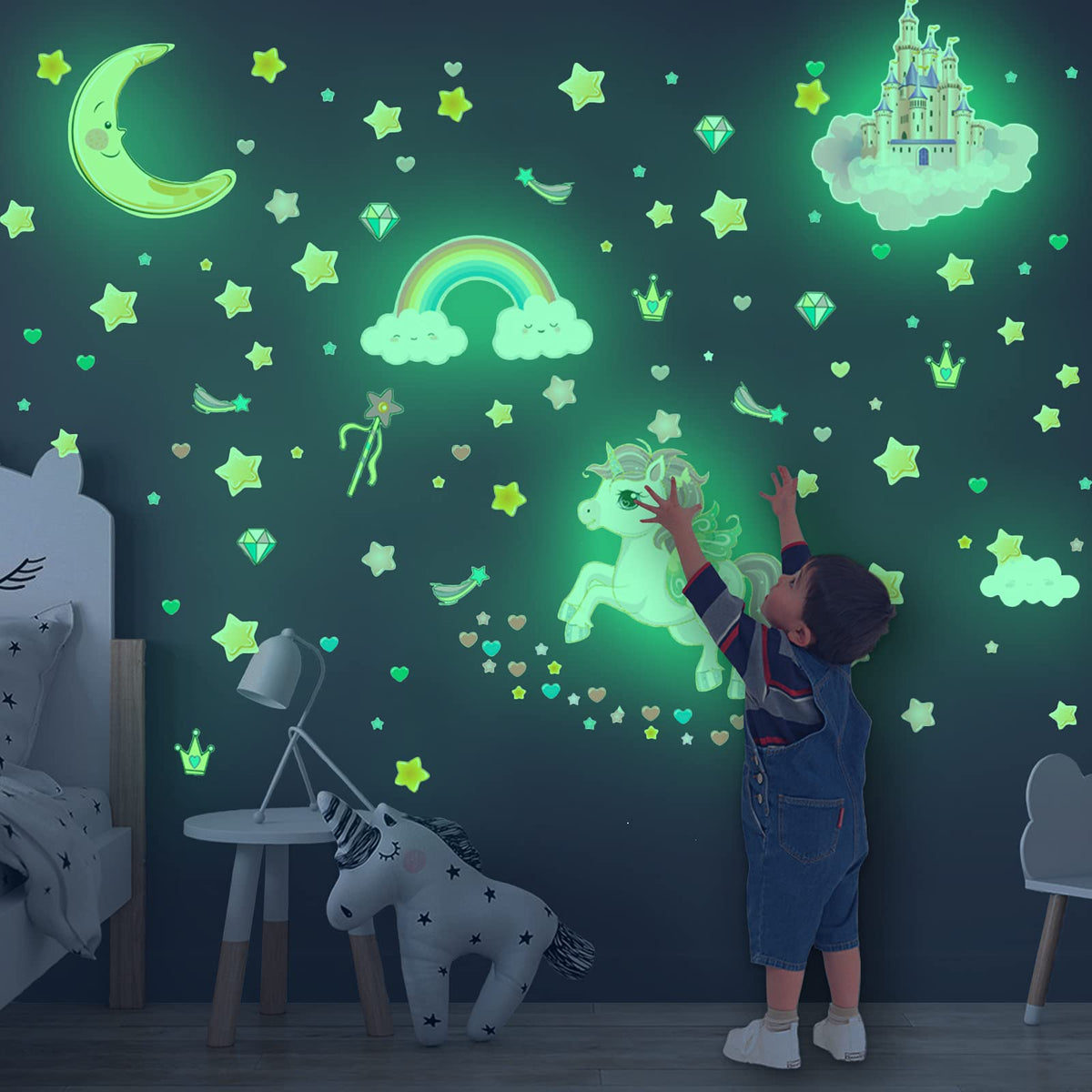 Glow In The Dark Stars And Unicorn Wall Decals, Glowing Castle Moon And Rainbow Stickers, 174 Pcs Luminous Ceiling Decor For Kid