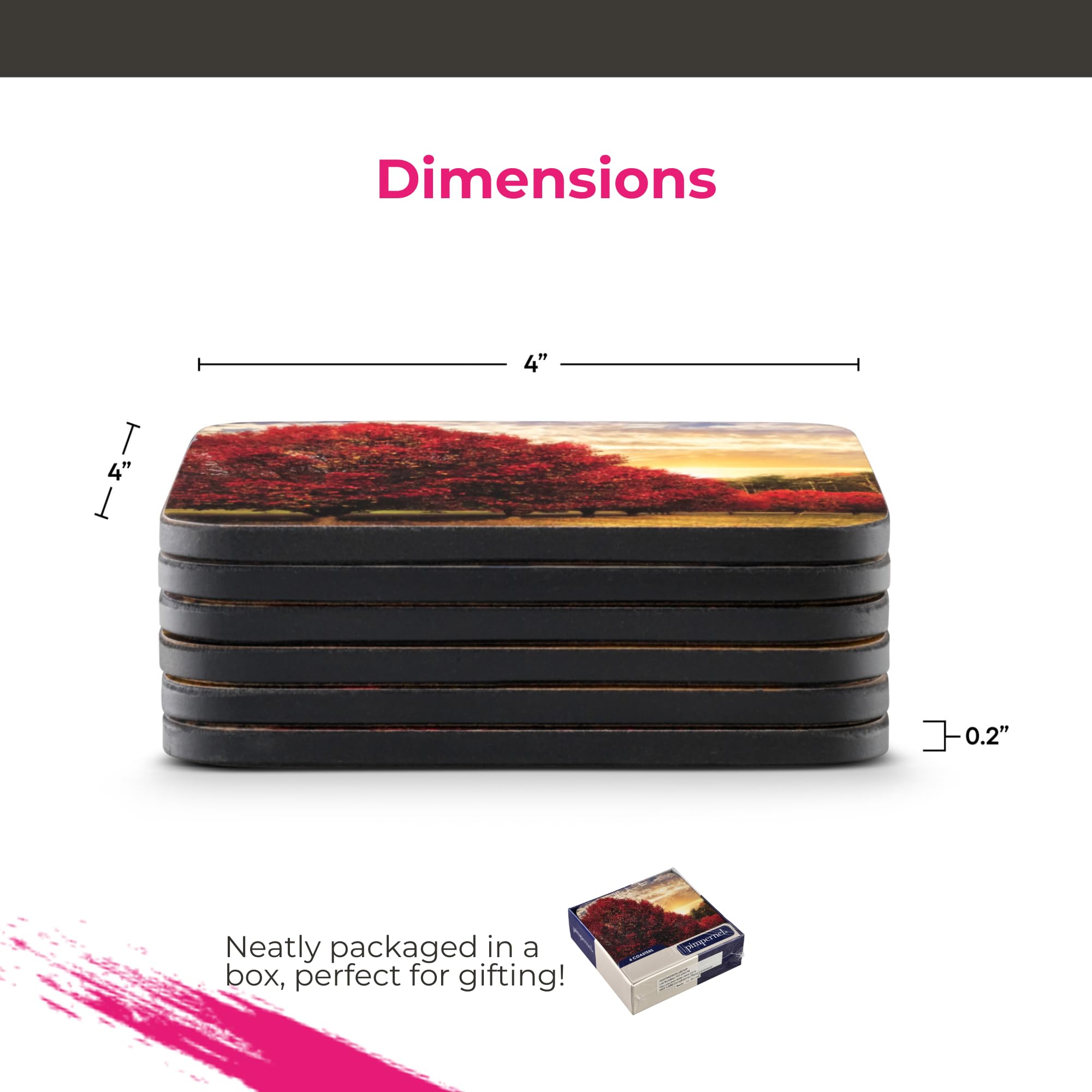 Pimpernel Crimson Trees Collection Coasters  Set of 6  Cork Backed Board  Heat and Stain Resistant  Drinks Coaster for Tabletop Protection  Measures 4 x 4