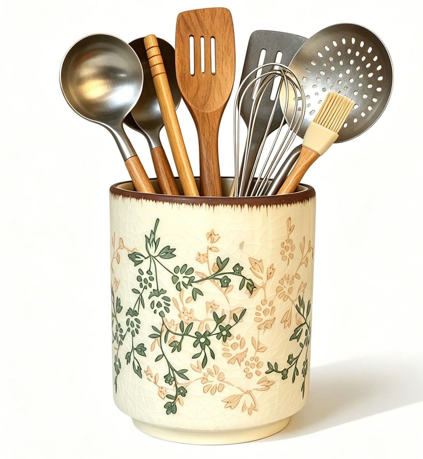 Farmhouse Ceramic Utensil Holder,Green Floral Kitchen Utensil Crock,Countertop Cooking Tool Organizer ,Silverware Organizer,Silv