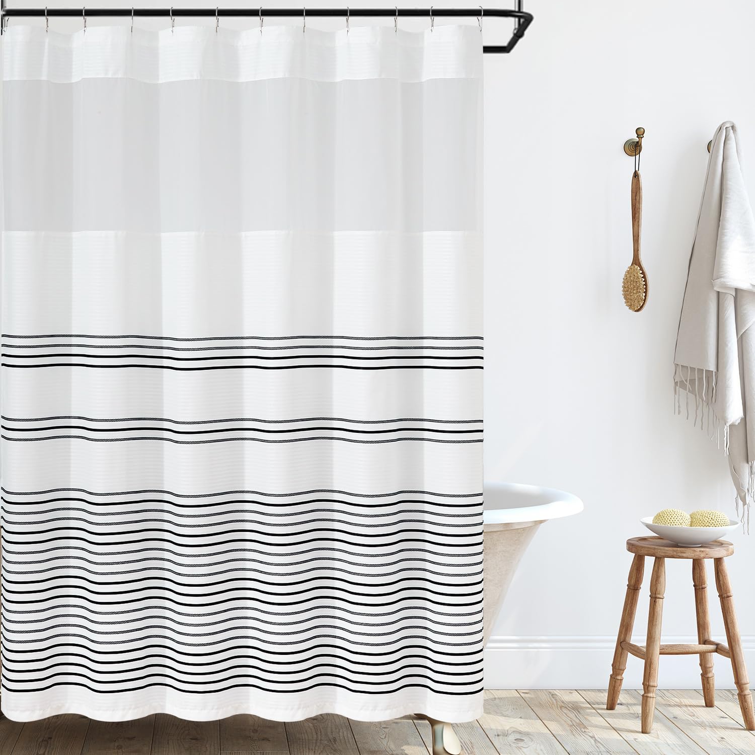 Jinchan Black And White Shower Curtain With See Through Window Fabric Striped Shower Curtain For Bathroom Modern Shower Curtain