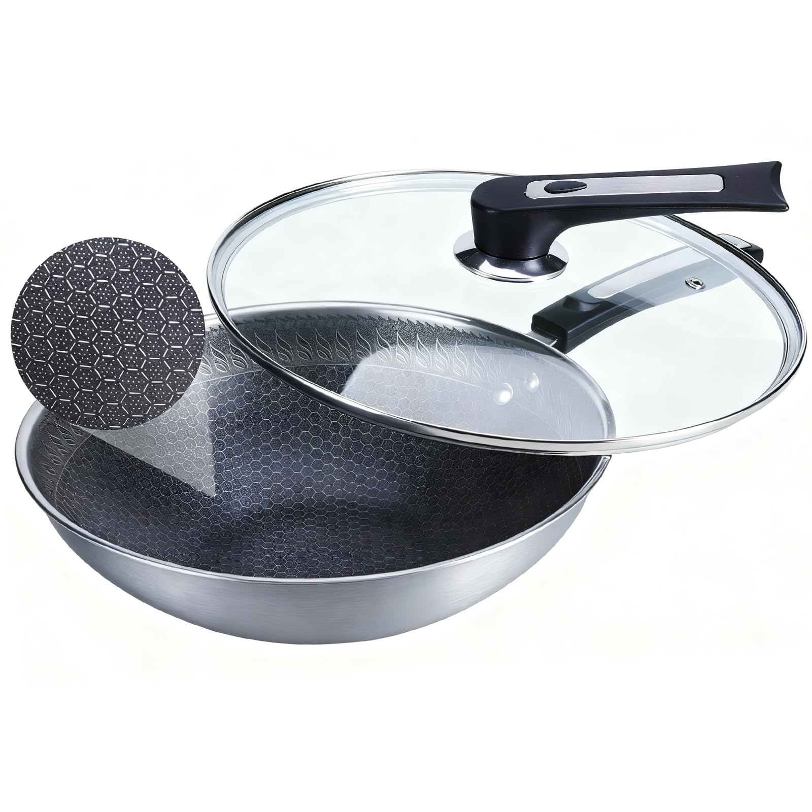 SLONUVLND 13 Inch Nonstick Frying Pan,Stainless Steel Frying Pan, Skillet with lid Suitable for Induction,Ceramic,Gas Cooktops a