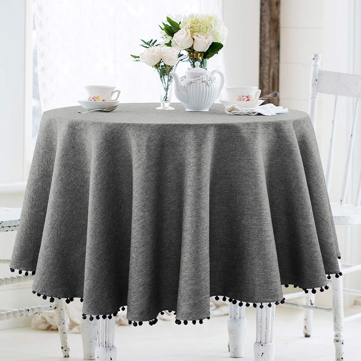 Jucfhy Pompom Tassel Round Table Cloth,Linen Solid Tablecloth Heavy Duty Fabric,Stain-Proof Water Resistant Washable Table Cloth