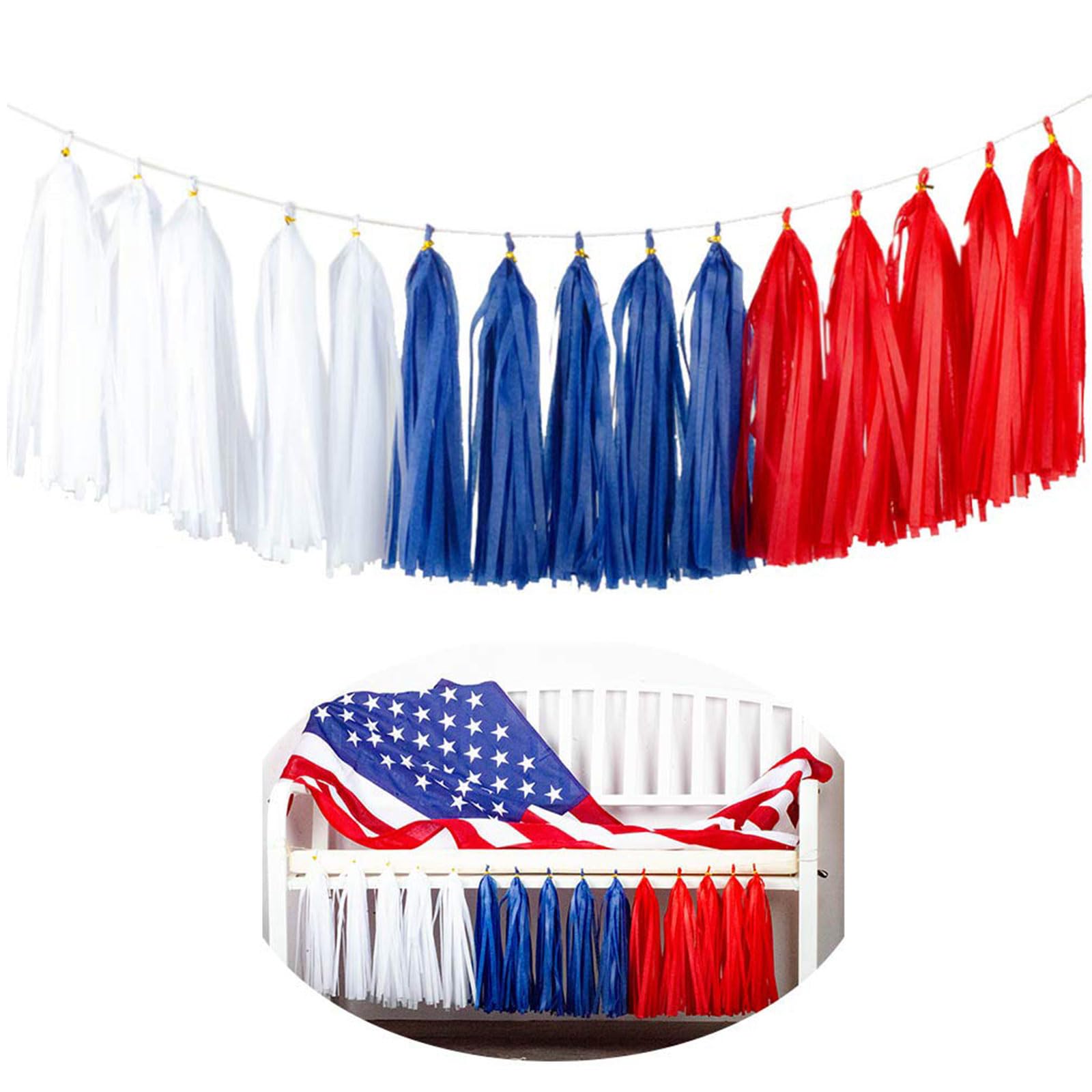 Aimto 15pcs Red Blue White Tassel Garland Banner Tissue Paper Tassels for 4th/Fourth of July Patriotic Decorations