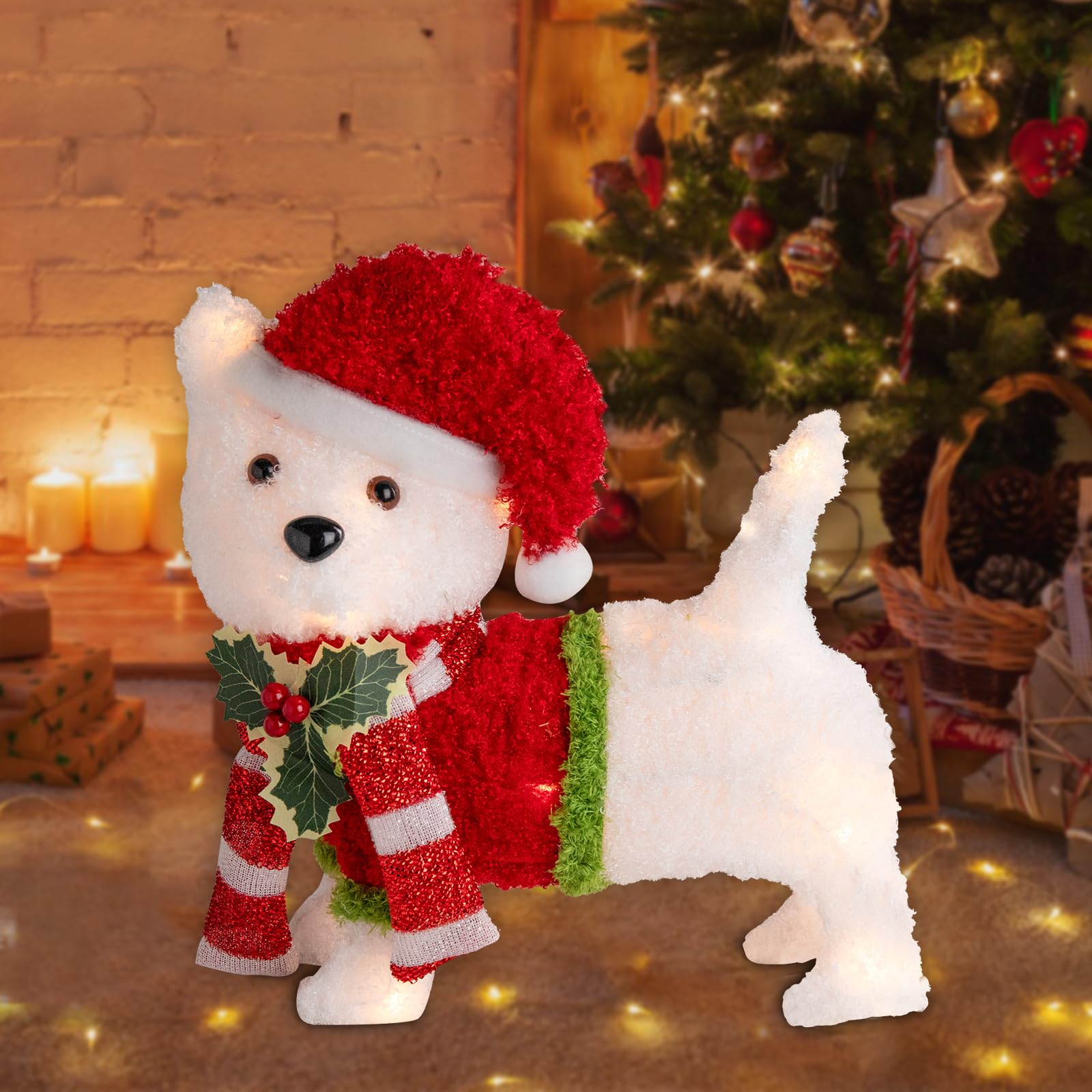 Christmas Lighted Dog Decoration Pre-lit 3D Glittered Fluffy Puppy Battery Operated Lighted Up Standing Ornament Outdoor Indoor 