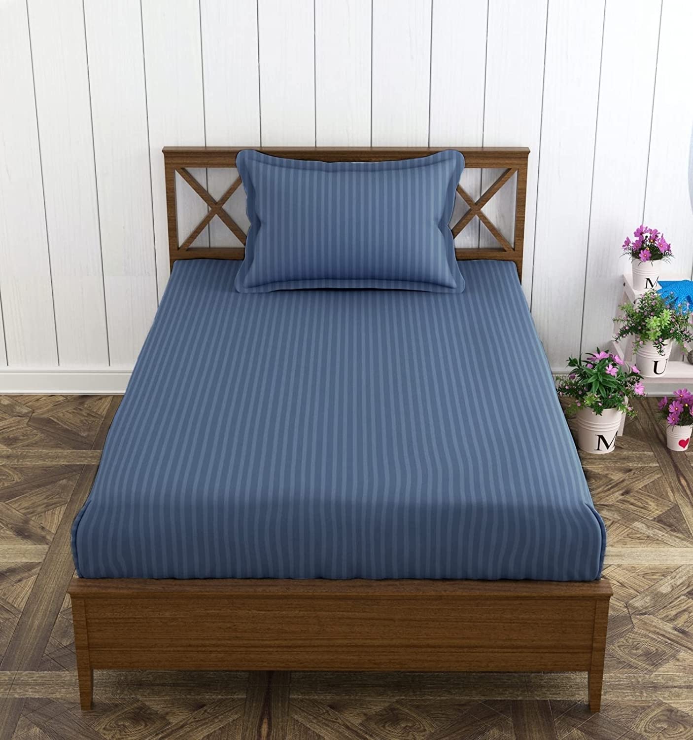 Trance Home Linen 100% Cotton 80X38 Inch 200Tc Satin Stripe Elastic Fitted Bedsheet | College/Hostel Use Fitted Bedspread With 1