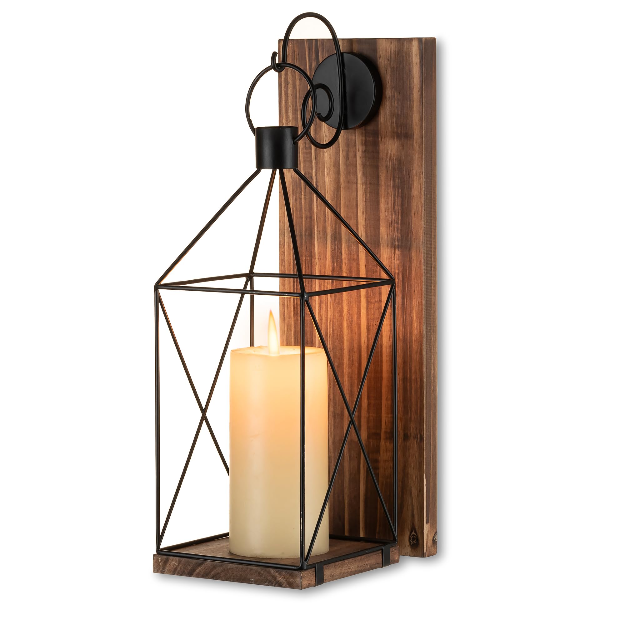 Staymoment Candle Sconces Wall Decor: Farmhouse Wood Candle Holder Indoor Black Metal Lantern Decorations for Living Room Front 