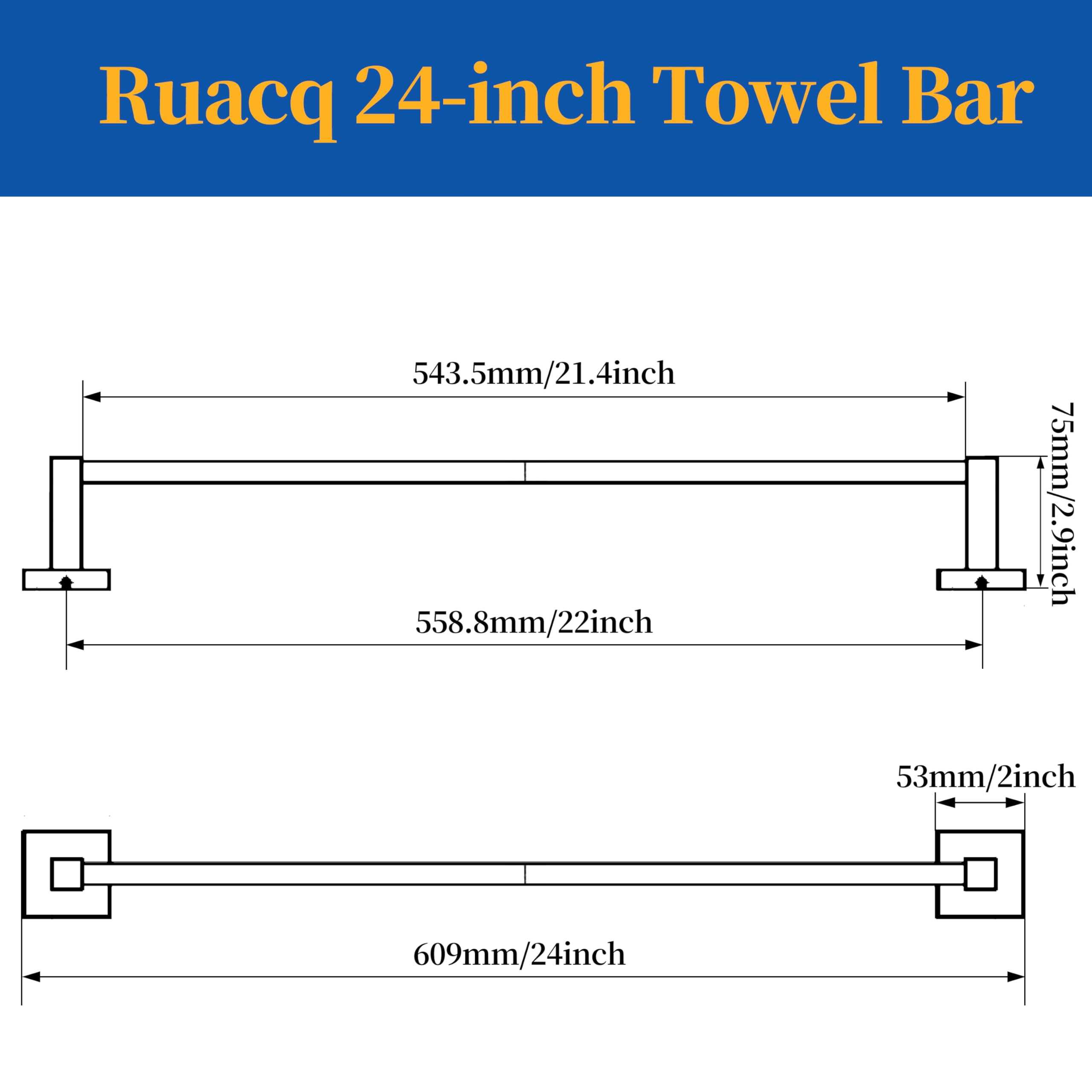 Ruacq Matte Black 21 Inch Single Towel Bar Square Bath Towel Holders Bathroom Towel Rack Sus304 Stainless Steel Modern Wall Moun