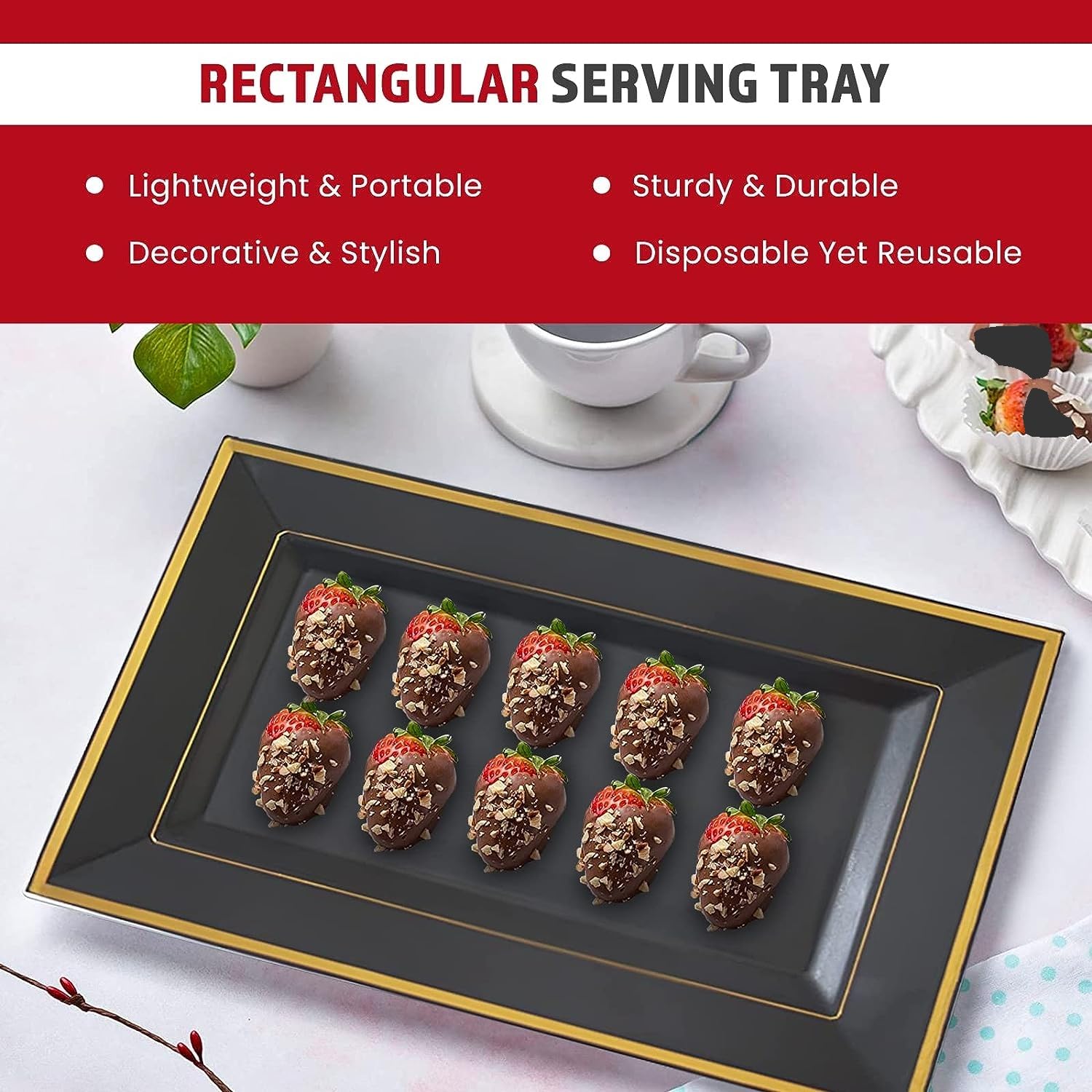 Yumchikel- 12 Pack Black Plastic Serving Tray Plastic For Party, 14'' X 7.5'' Platters For Serving Food (Black Gold Rim) Hallowe