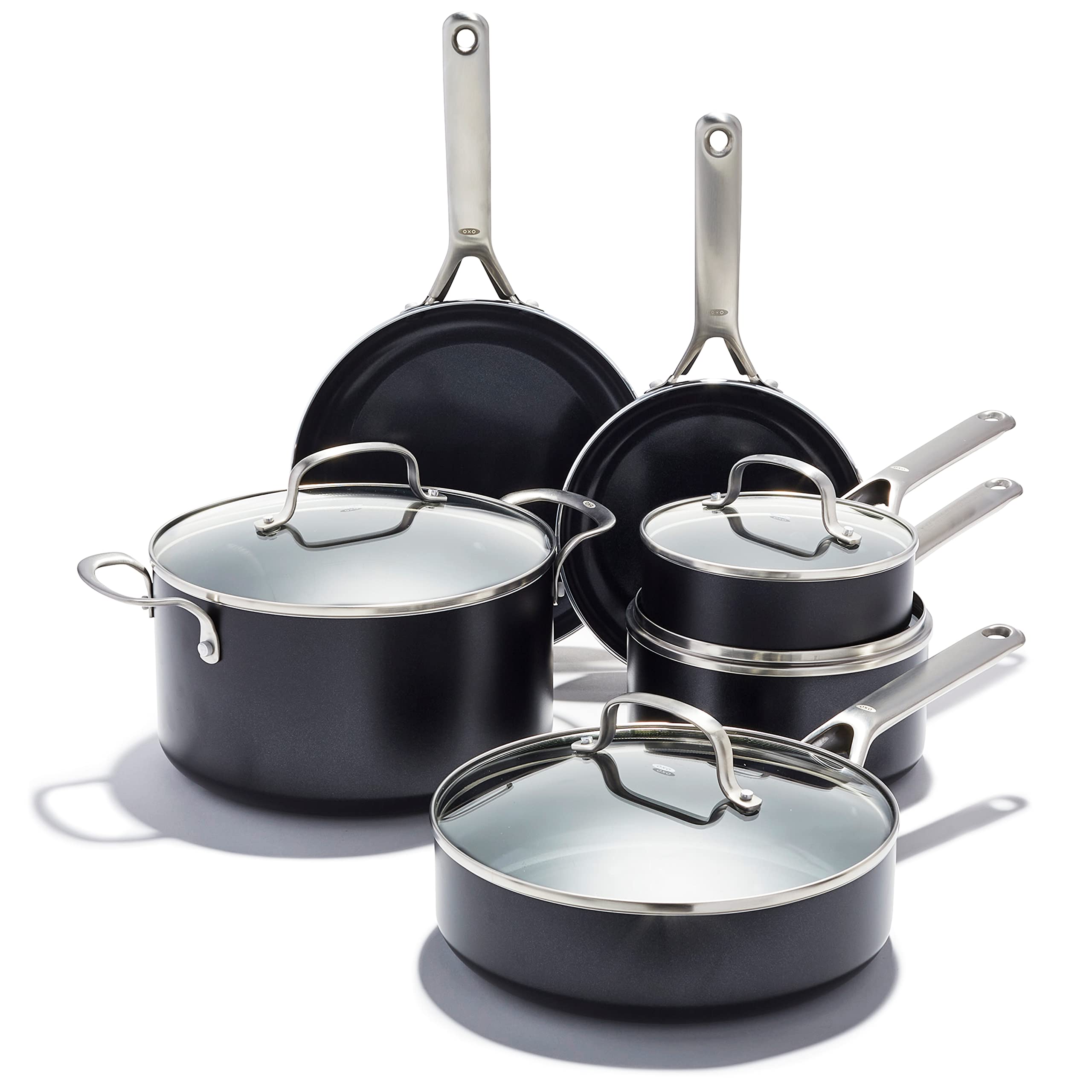 OXO Agility Series 10 Piece Cookware Pots and Pans Set, Ceramic Nonstick PFAS-Free, Induction, Skillets,Saucepans,Lids,Even Heat