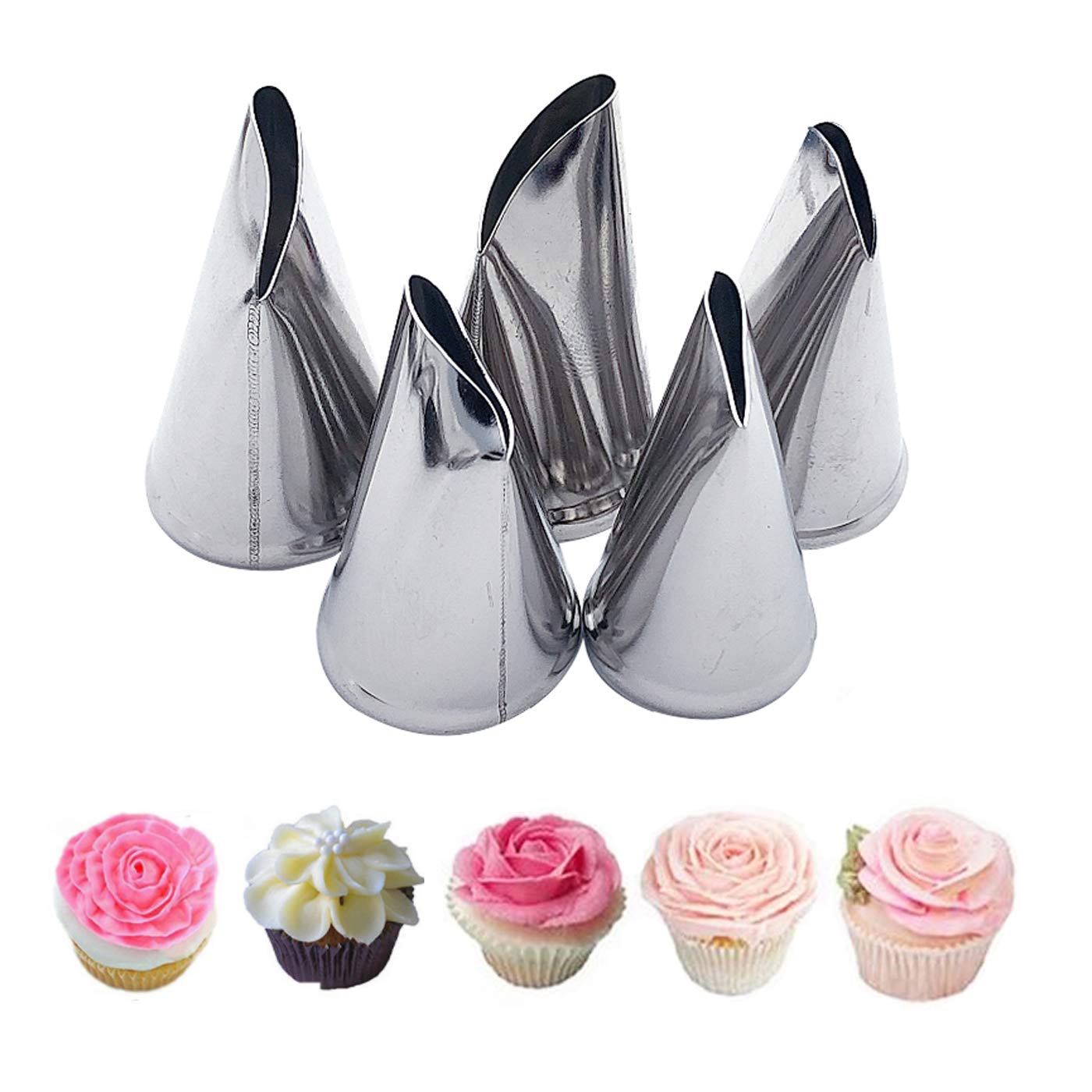 Markeny 5 Pcs Rose Piping Tips, 3Pcs Grass Cream Tips Diy Decor Baking Tool And 5 Pcs Leaf Stainless Steel Piping Nozzles Kit(13