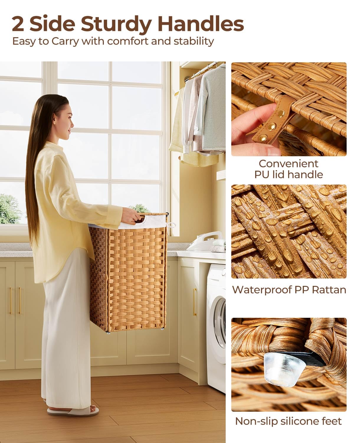 Greenstell Laundry Hamper No Install Needed  Divided Clothes Hamper with 2 Removable Liner Bags  90L Handwoven Synthetic Rattan Laundry Basket with Lid and Handles  Foldable Natural