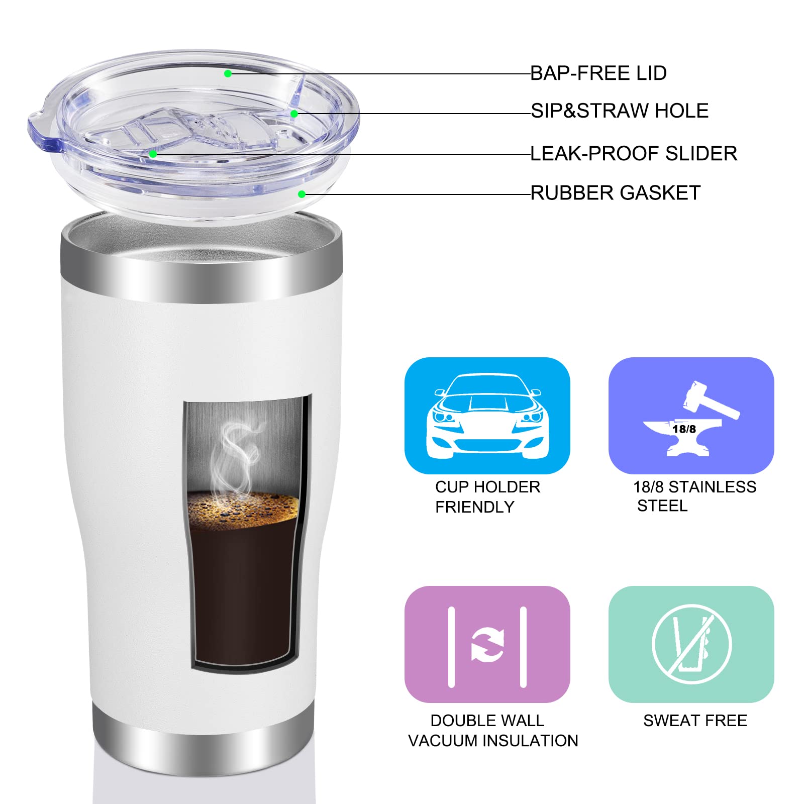 Vegond 20Oz Tumbler Stainless Steel Tumbler Cup With Lid And Straw Vacuum Insulated Double Wall Travel Coffee Mug(White 1 Pack)