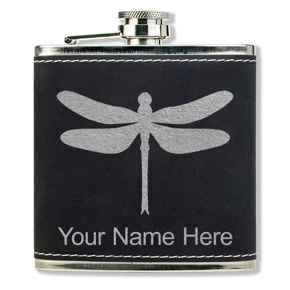 LaserGram Faux Leather Flask, Dragonfly, Personalized Engraving Included (Black With Silver)