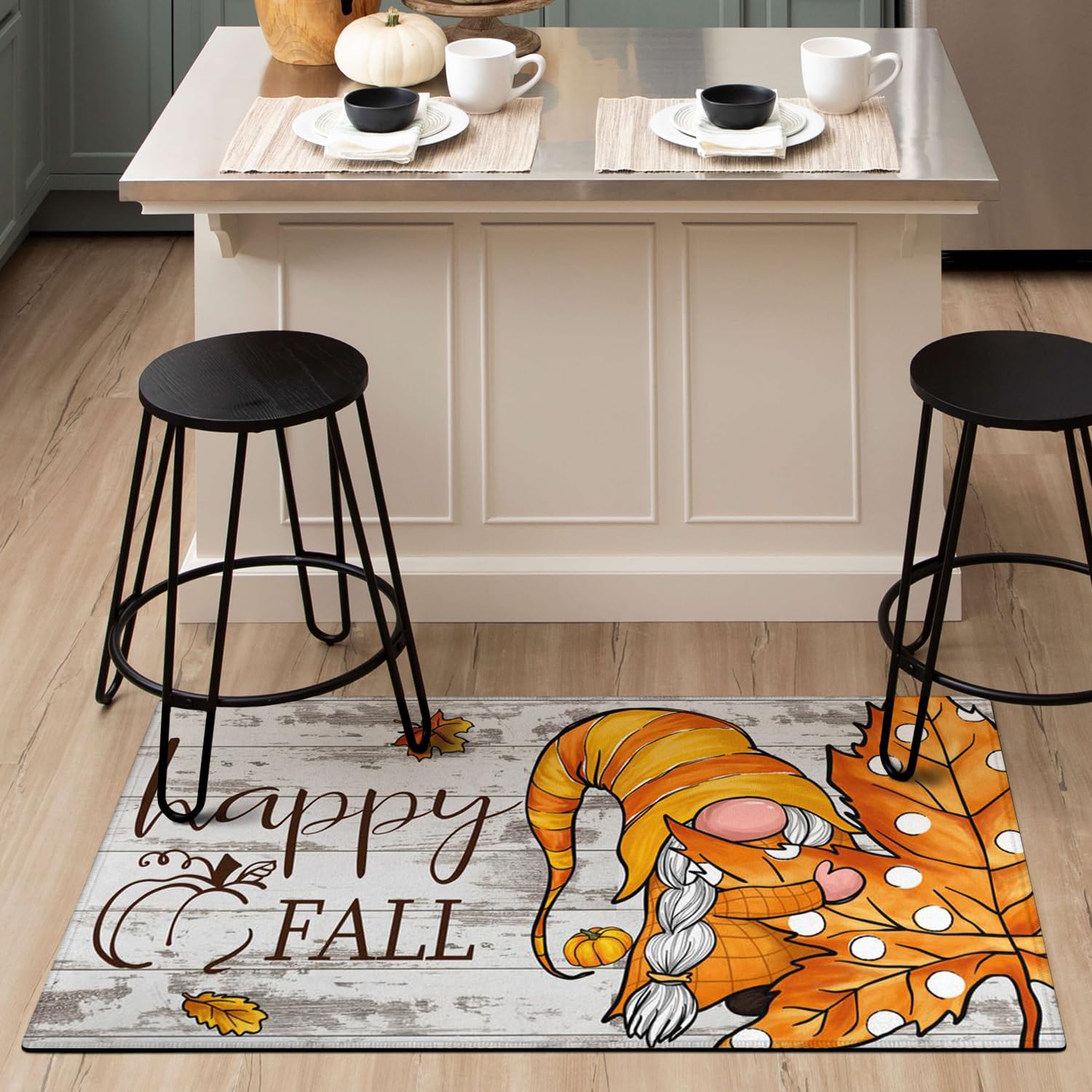 Faptoena Fall Kitchen Rugs Set of 2,Pumpkin Gnomes Leaf Thanksgiving Floor Mats and Rugs Non Skid Washable for Kitchen Home Deco