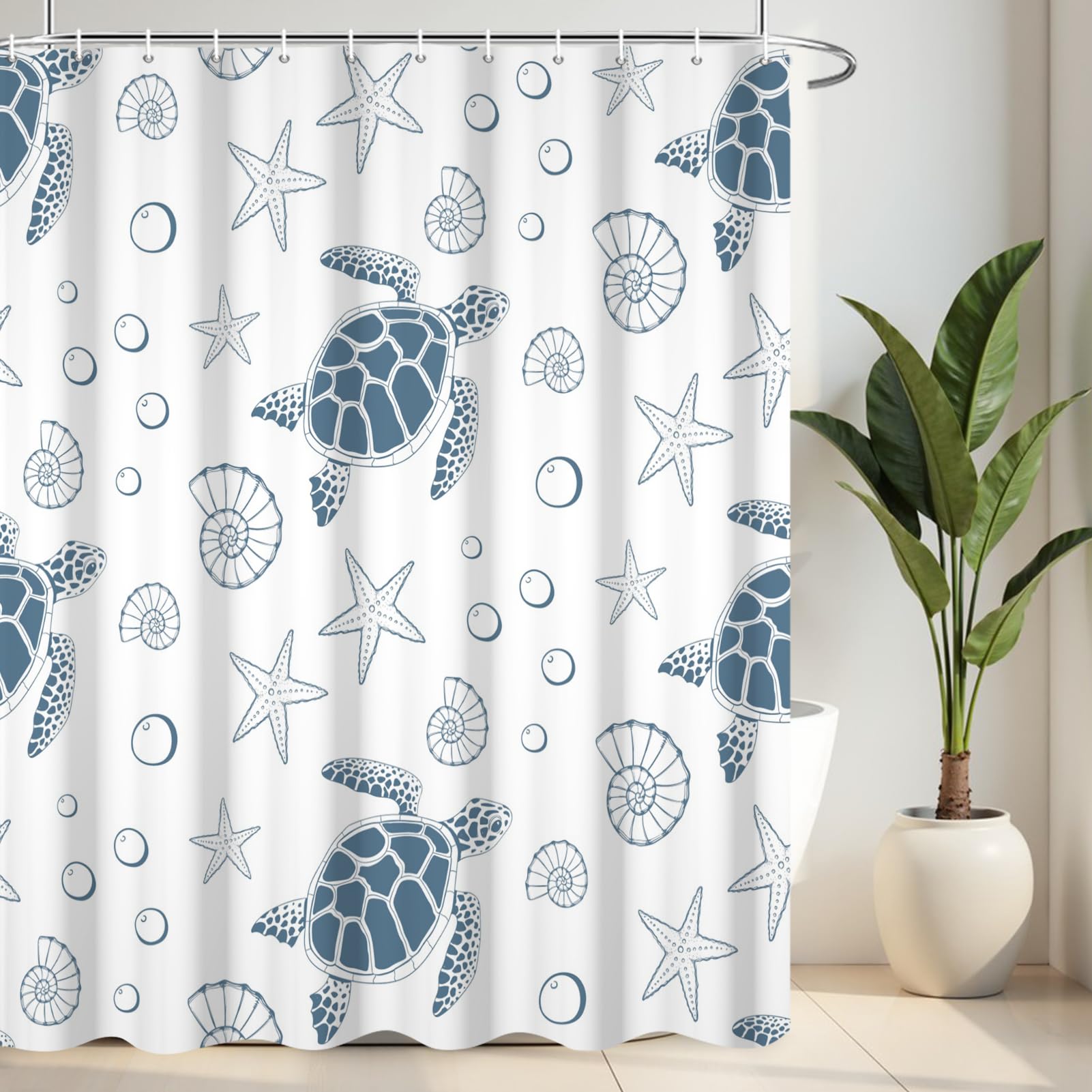 Riepoiia Blue Nautical Turtle Shower Curtains For Bathroom, Waterproof Polyester Fabric Bathroom Curtains Washable Starfish Seas