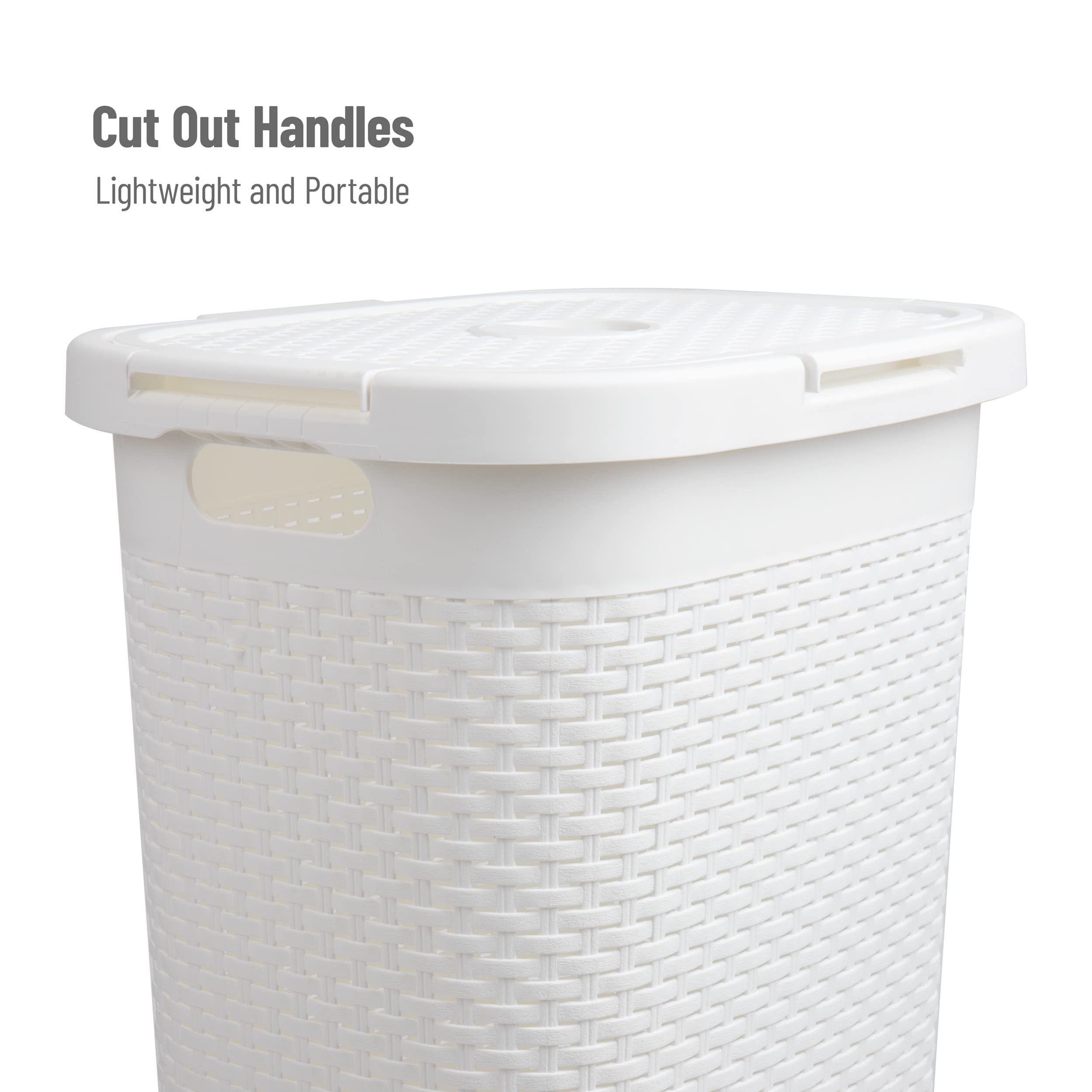 Mind Reader 60L Slim Laundry Hamper, Clothes Basket, Lid, Wicker Design, Plastic, 17.65''L X 13.75''W X 24.15''H, White