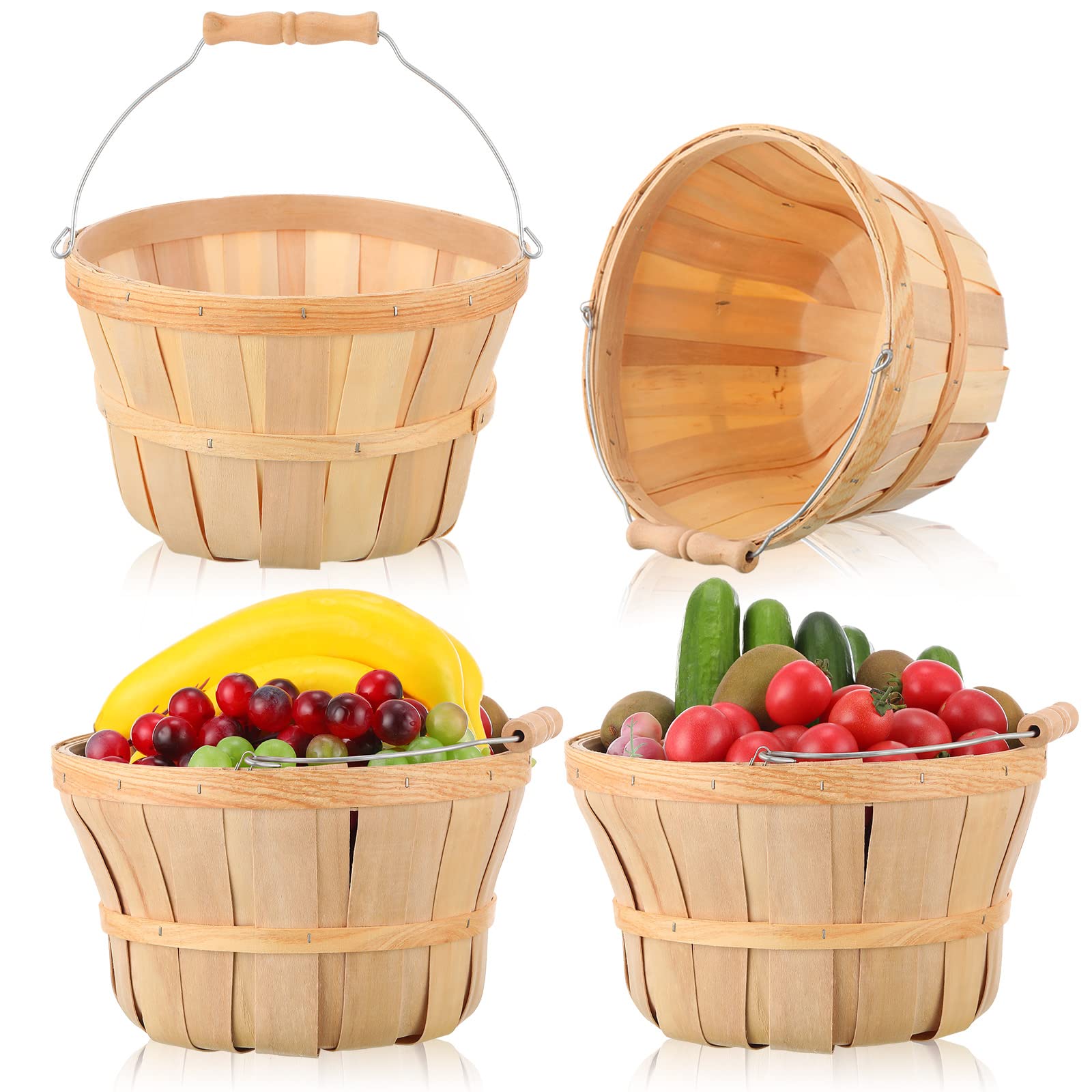 4 Pcs 6 Inch Tall by 9.5 Inch Diameter Round Wooden Baskets, Harvest Basket Garden Basket Food Service Display Baskets Wood Frui