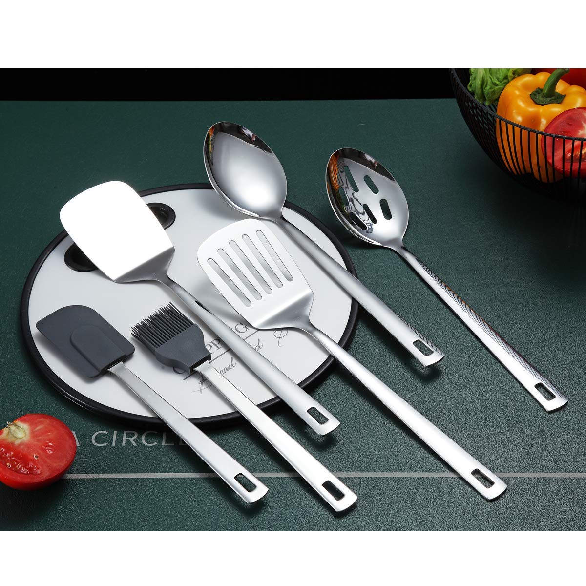 Cooking Spoon, Berglander 6 Pieces Spatula Set Stainless Steel, Metal Spatula, Serving Spoon, Kitchen Tools Set Non-Stick And He