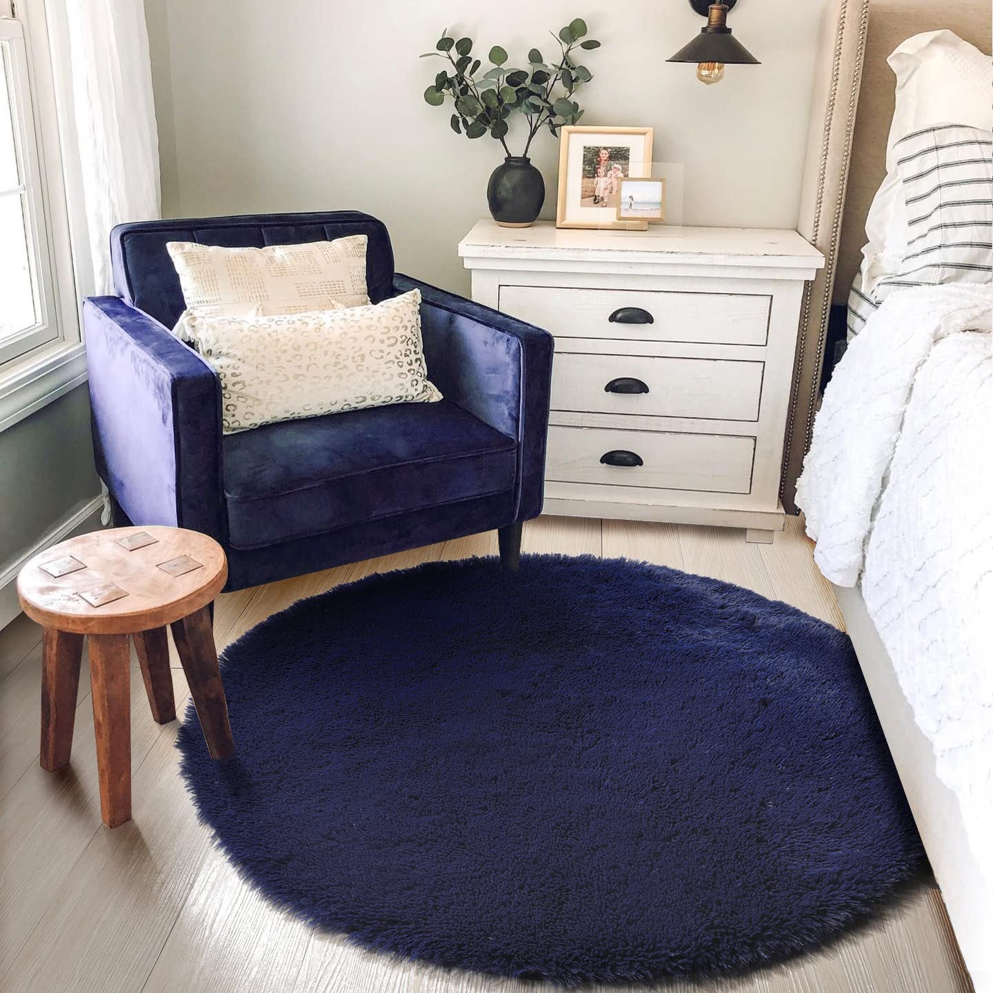 Dark Navy Round Rug 6Ft for Living Room Boys Bedroom, Fluffy Furry Fuzzy Plush Circle Area Rugs for Kids Room Decor Aesthetic, I