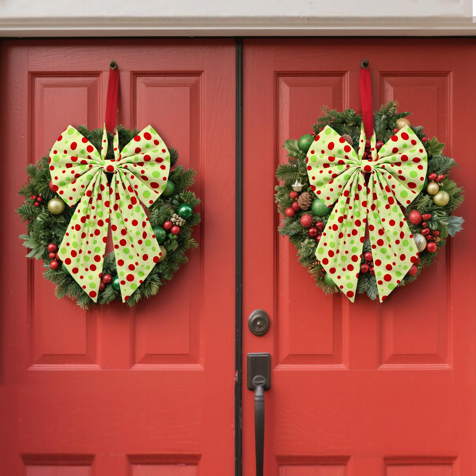 Suncalla 2 Pcs Red Green Dots Christmas Wreath Bow Front Door Hanger 19.6'' x 11.8'' Cute Christmas Tree Dot Bow Wreath Accessor