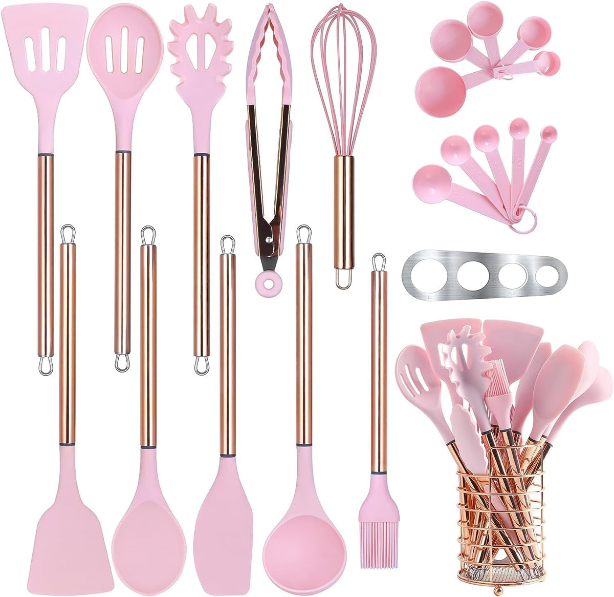 Arquiel Pink Kitchen Utensil Set With Holder, 22 Pcs Silicone Cooking Utensils Set For Nonstick Cookware, Heat Resistance Spatul