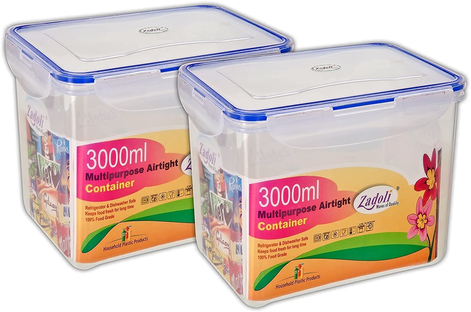 Rahi Enterprise Square Kitchen Transprant Storage Container Set, Plastic Airtight Containers For Storage Box With Blue Lid (Pack
