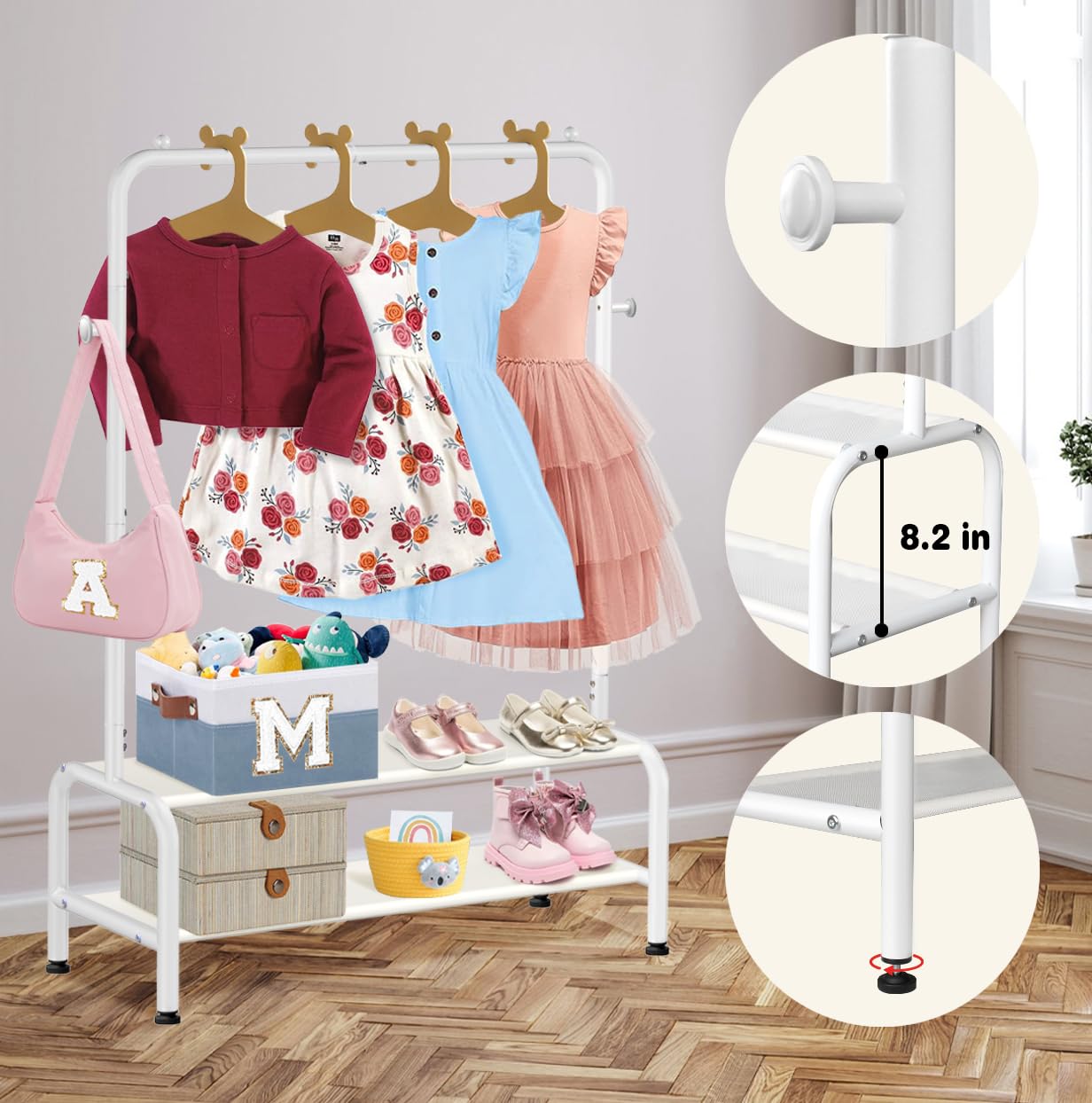 Kids Clothing Rack - Kids Dress Up Clothes Storage Racks - Baby Toddler Closet - Freestanding Coat Rack With 2 Fabric Shelves -