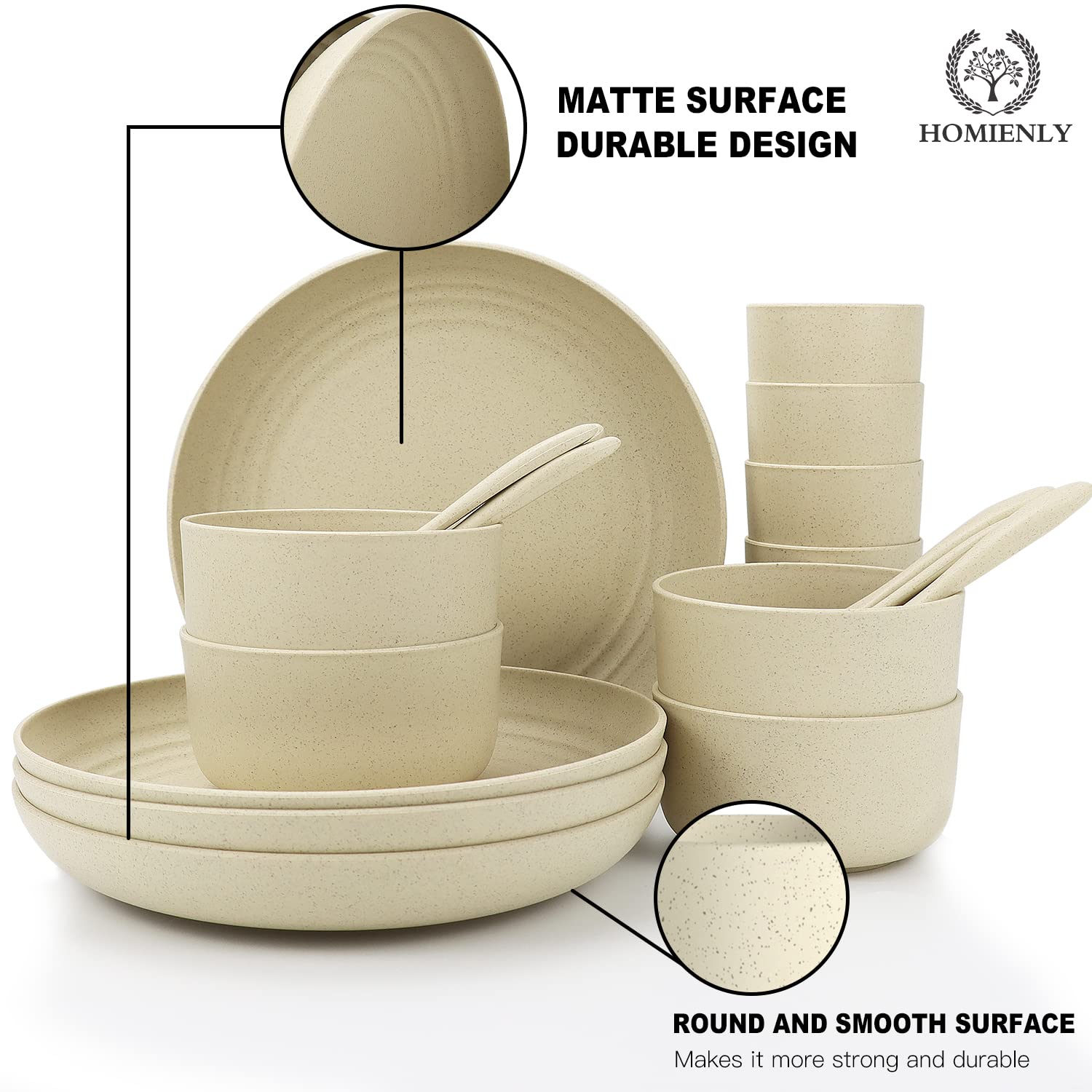 Homienly Wheat Straw Dinnerware Sets, 20Pcs Lightweight Unbreakable Dinnerware, Microwave Dishwasher Safe Bowls Cups Forks Spoon