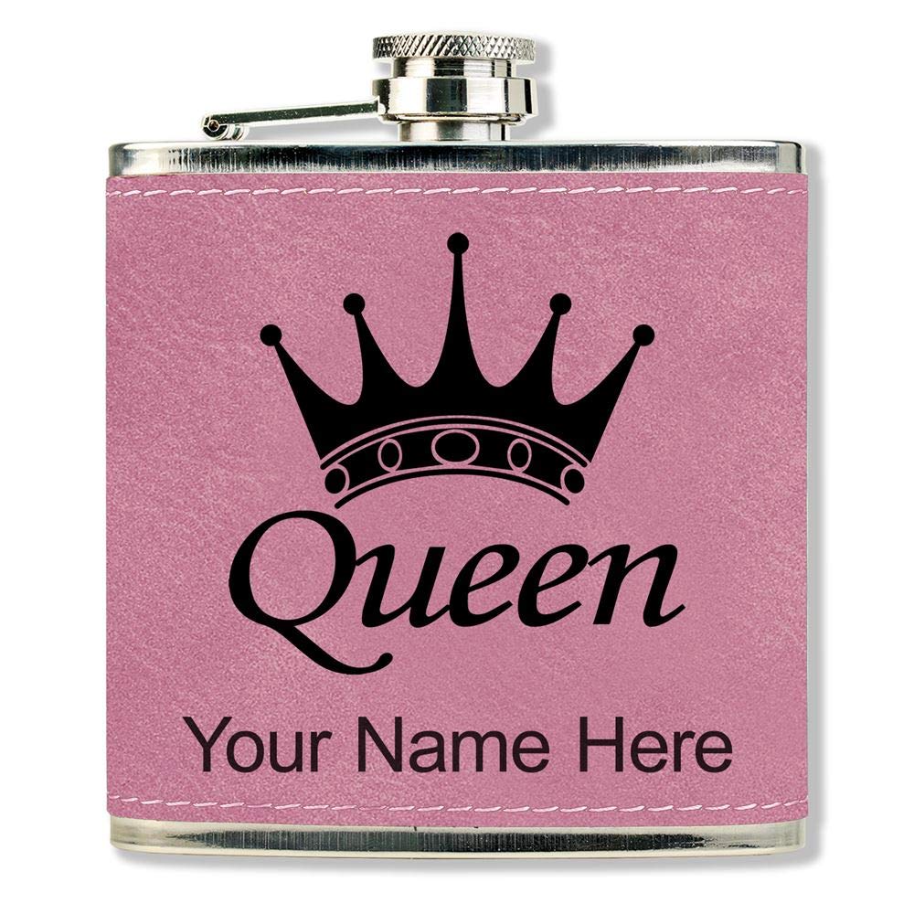 Faux Leather Flask, Queen Crown, Personalized Engraving Included (Pink)