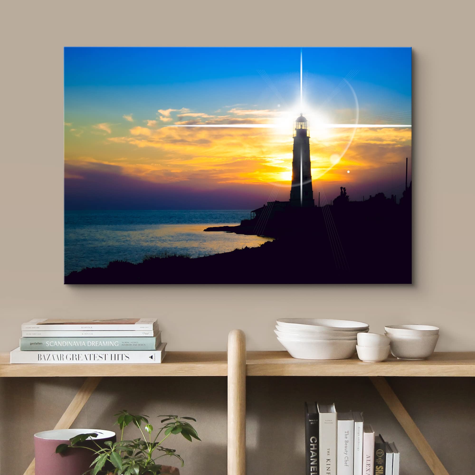 Wall26 Canvas Print Wall Art Shining Lighthouse At Sunset On The Coast Marine Life Ocean Photography Realism Nautical Scenic Rel