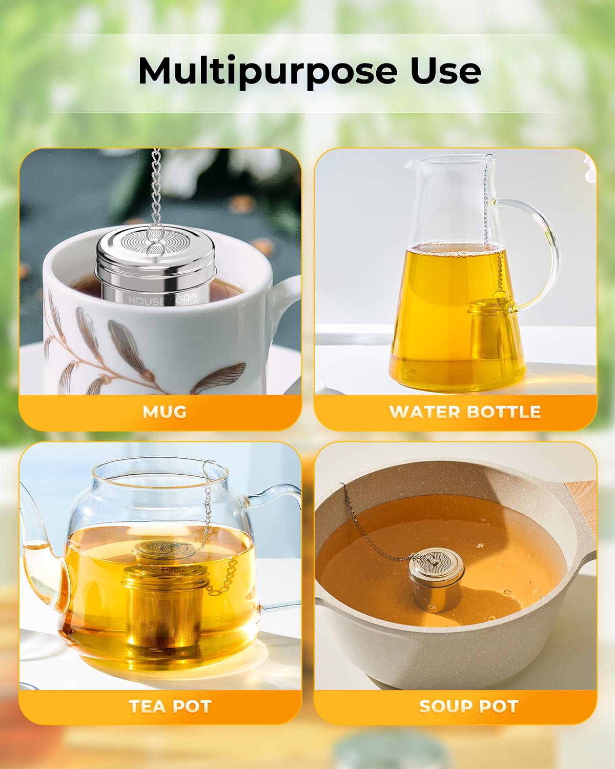 HOUSE AGAIN Extra Fine Mesh Tea Infuser, Stainless Steel Strainer with Extended Chain, Small, Silver, Model 14-02-0002