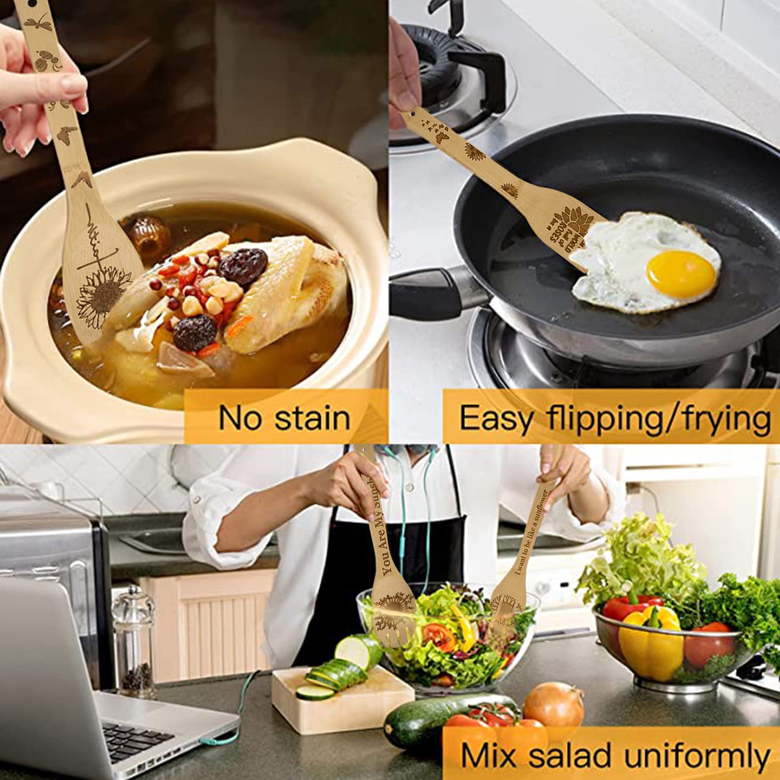 8Pcs Sunflower Wooden Cooking Spoons With Holder,Sunflower Kitchen Decor,Sunflower Gifts,Sunflower Gift For Women,Gifts For Sunf