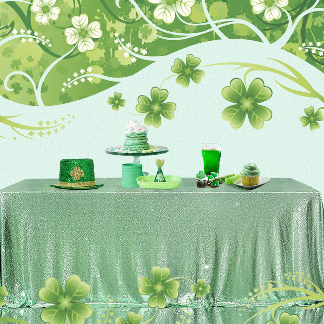 Partydelight Sequin Tablecloth, Christmas Wedding Party Decor Table Topper, Rectangular, 60''X102'', Mint Green