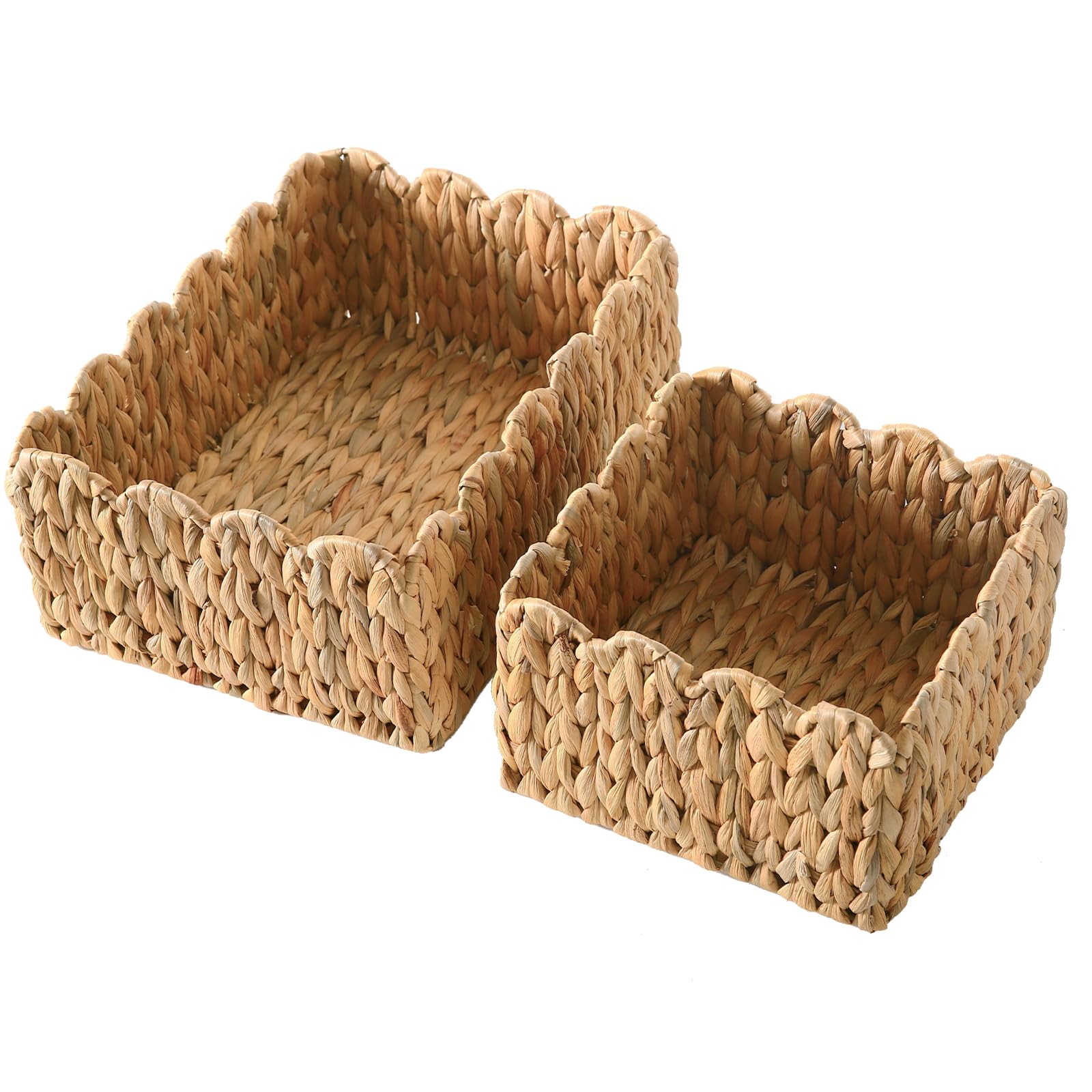 Scalloped Edge Basket, Wicker Storage Baskets, Hand Woven Baskets For Shelves,Natural Baskets For Organizing (Water Hyacinth(S-9
