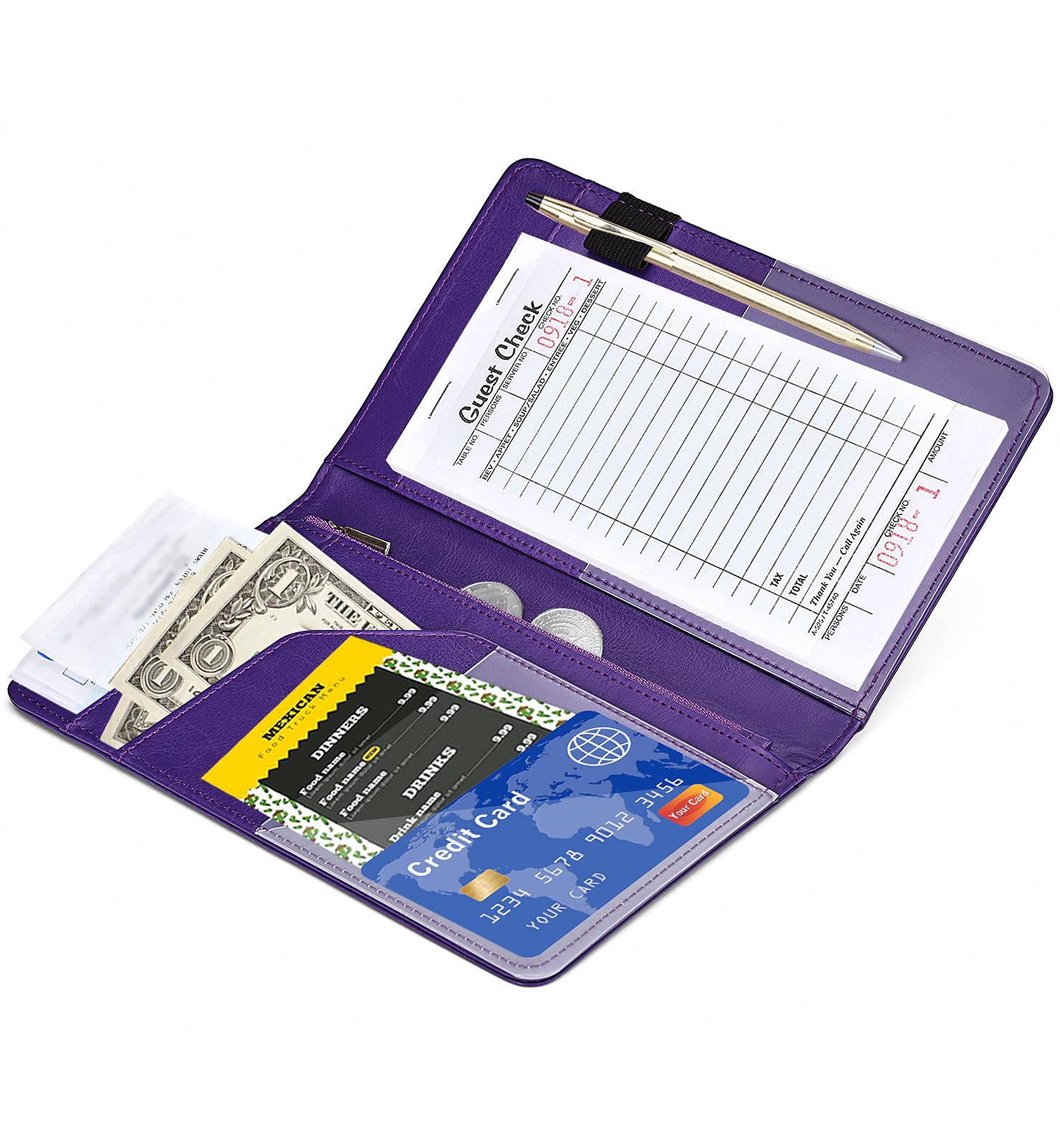 Server Books for Waitress - Leather Waiter Book Server Wallet with Zipper Pocket  Cute Waitress Book&Waitstaff Organizer with Money Pocket Fit Server Apron(Classic Purple)