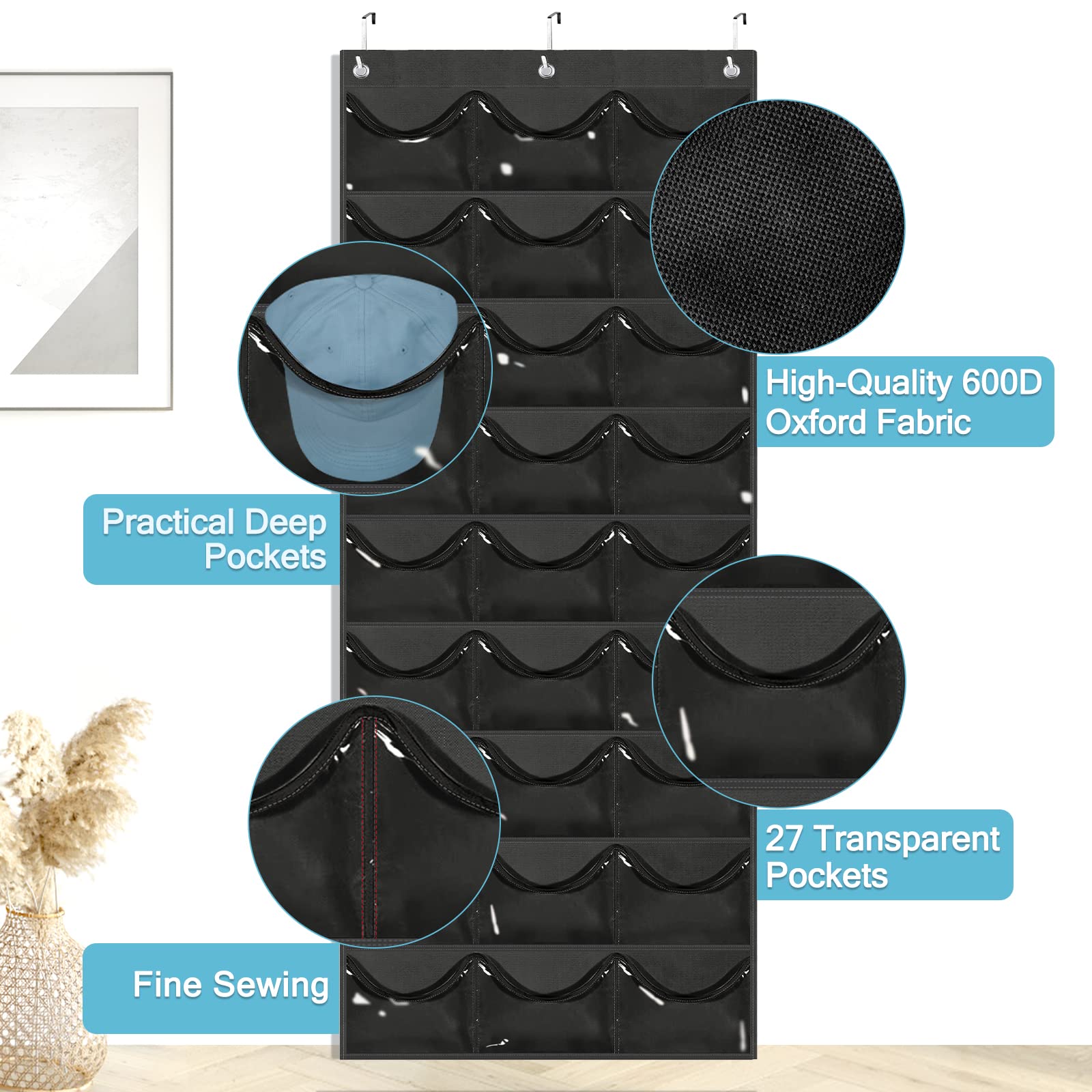 Owkjar 27 Large Pockets Hat Organizer For Baseball Caps,Hat Rack With 6 Hooks Over The Door Or Wall Multiple Caps Display Storag