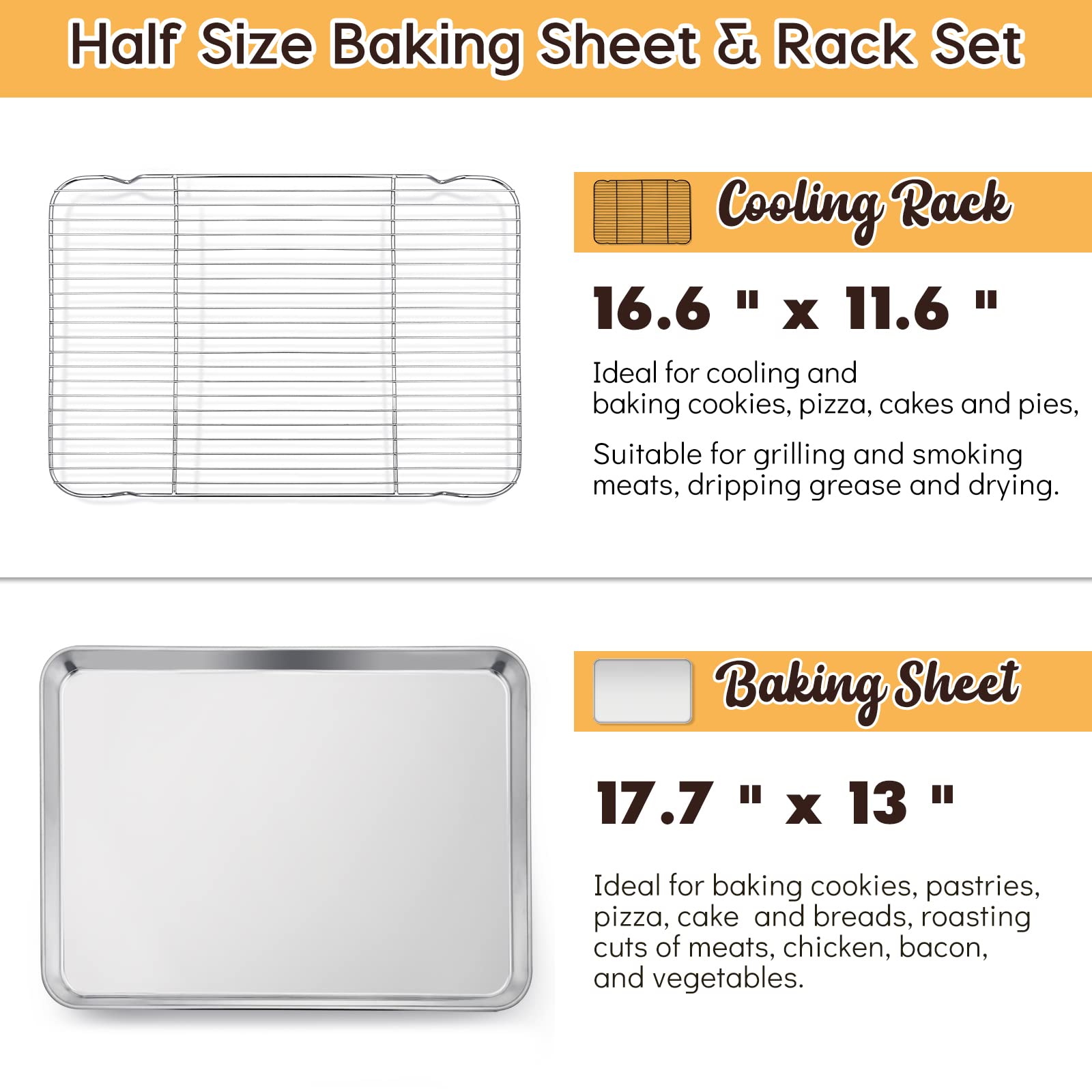 E-Far Cookie Sheet With Rack Set, Half Sheet Baking Pan For Oven Cooking, 18   X13    Stainless Steel Rimmed Tray With Wire Cool