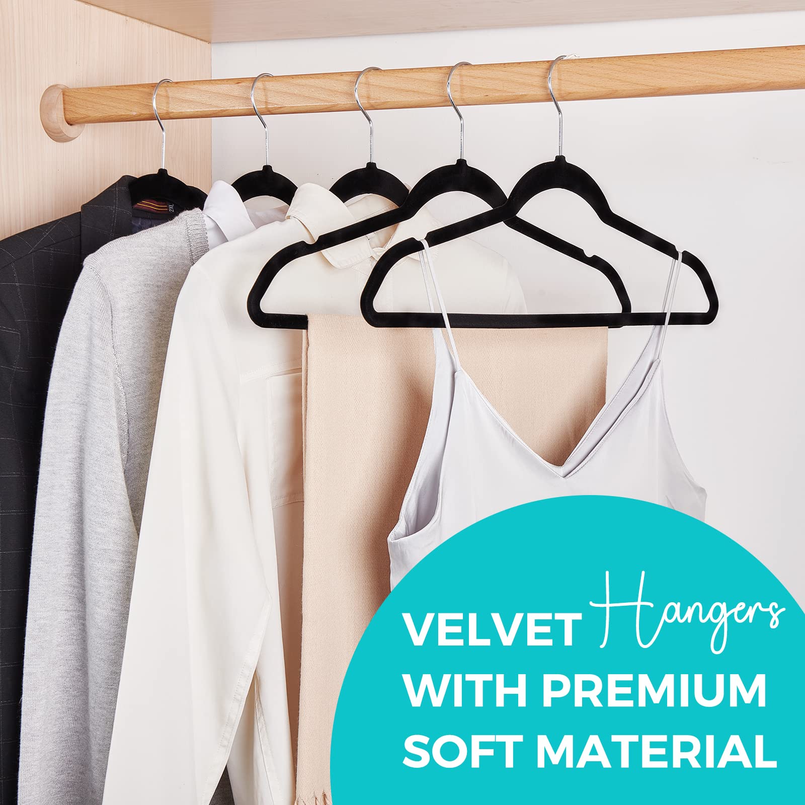 HOUSE DAY Premium Velvet Hangers 50 Pack  Non-Slip Flocked Felt Hangers  Sturdy Clothes Hangers Heavy Duty Coat Hangers & Suit Hangers  Durable Slim Black Hangers for Closet Space Saving