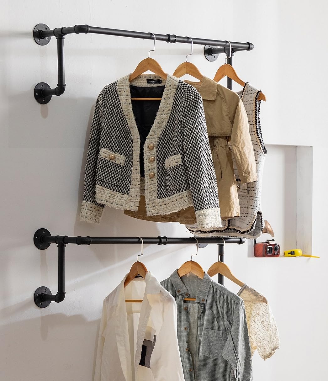 Clothes Rack, Industrial Wall Pipe Clothing Rack For Hanging Clothes, Wall Mounted Heavy Duty Space Saving Garment Rack, Multi-P