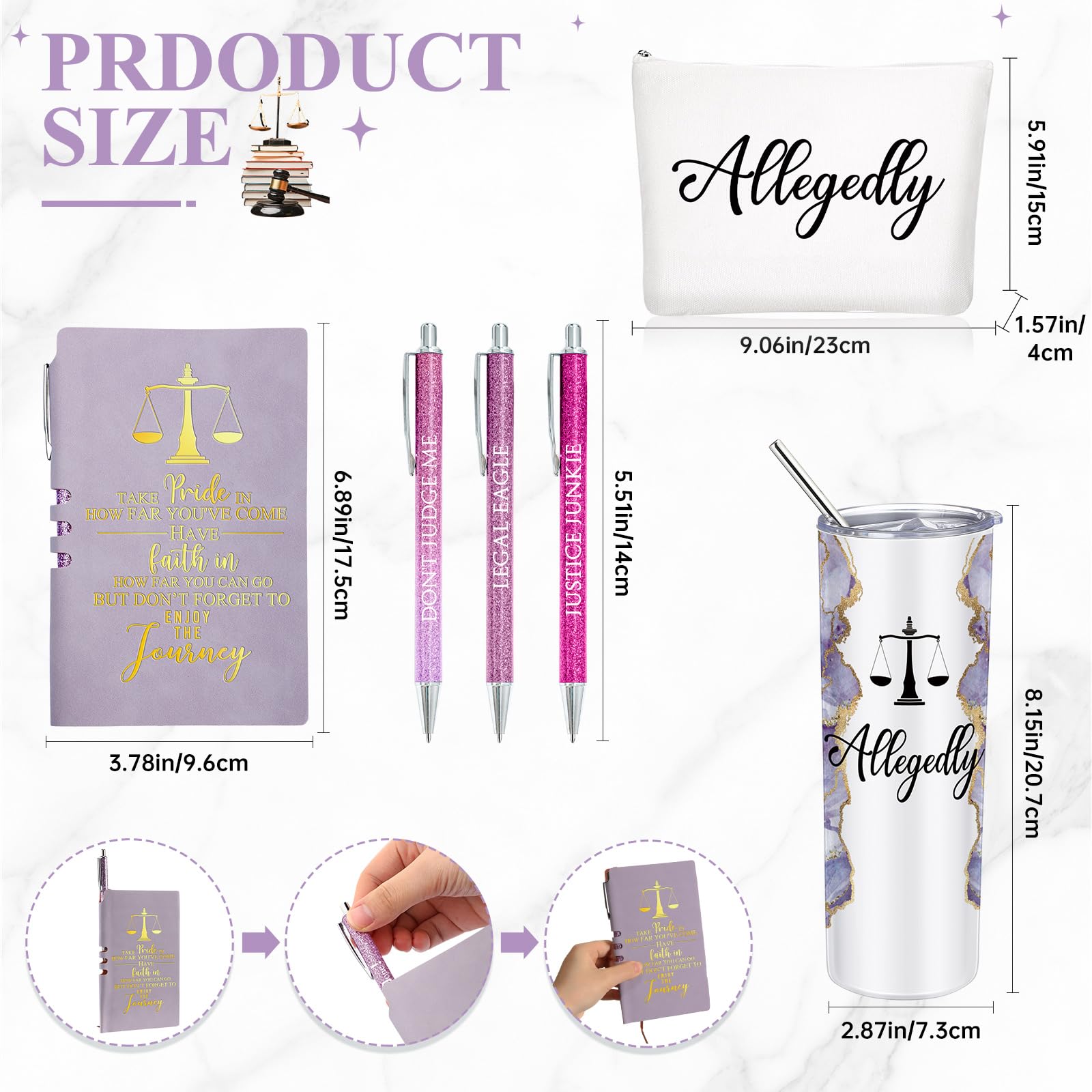 Domensi 6 Pcs Funny Allegedly Lawyer Gift Back To Law School Gift 20 Ounce Marble Sign Tumbler Makeup Bag Notepad Ballpoints Law