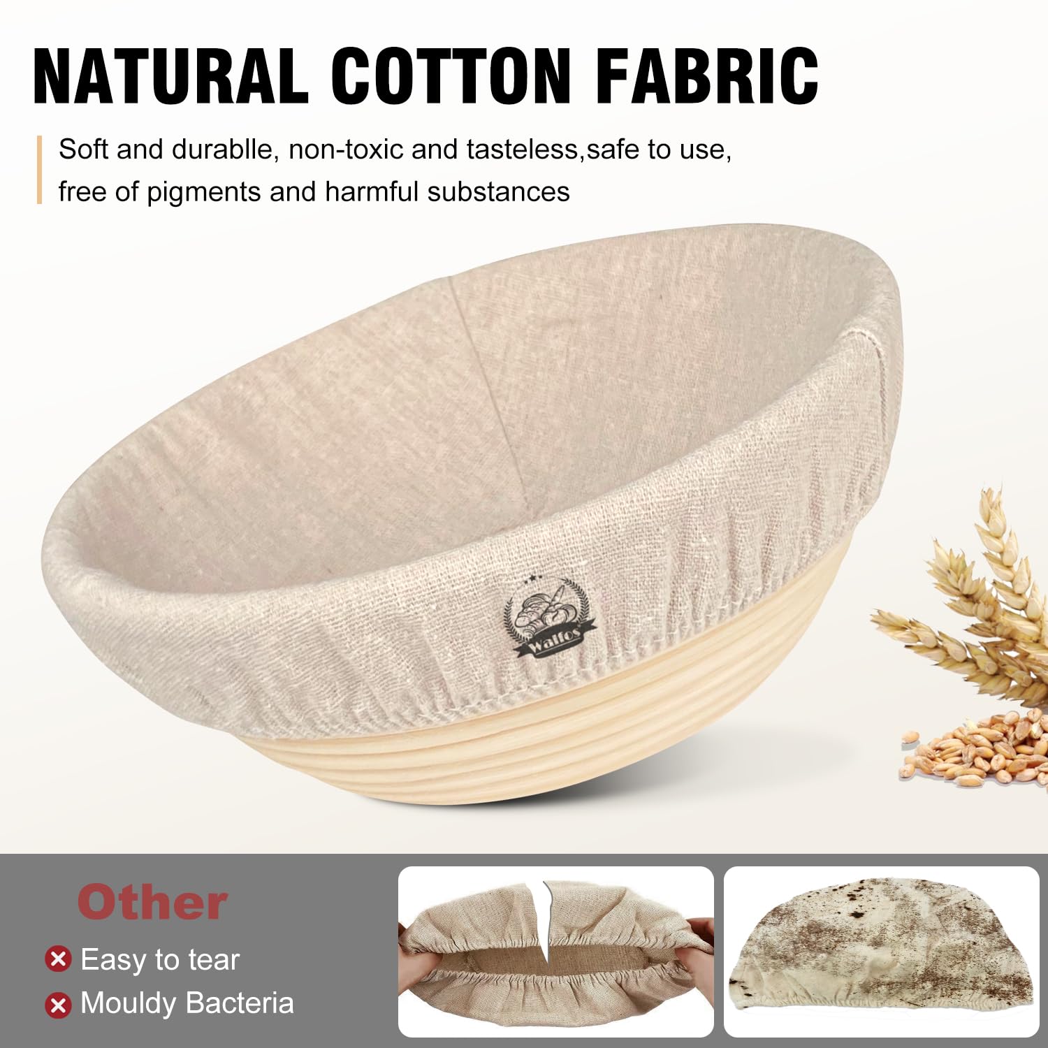 Walfos Bread Basket Liner Cloth, 6 Packs 10 Inch Round Bread Proofing Basket Cloth Liner, Baking Dough Basket Cover Natural Ratt